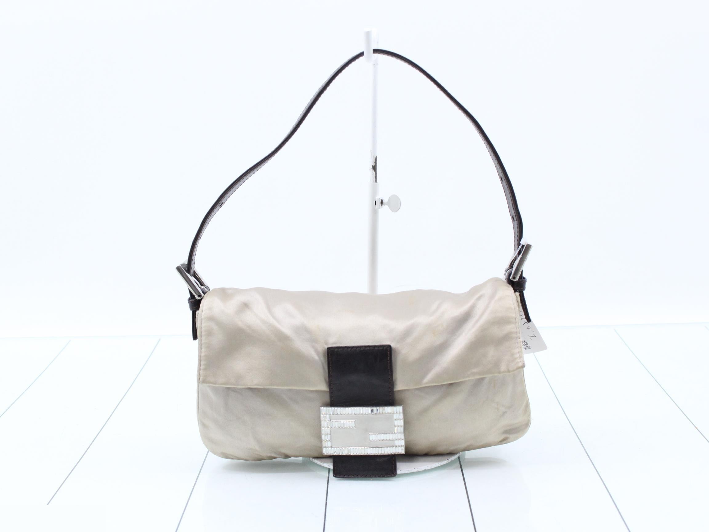 Mamma Bucket Satin x Leather Shoulder Bag, Beige, Rhinestone