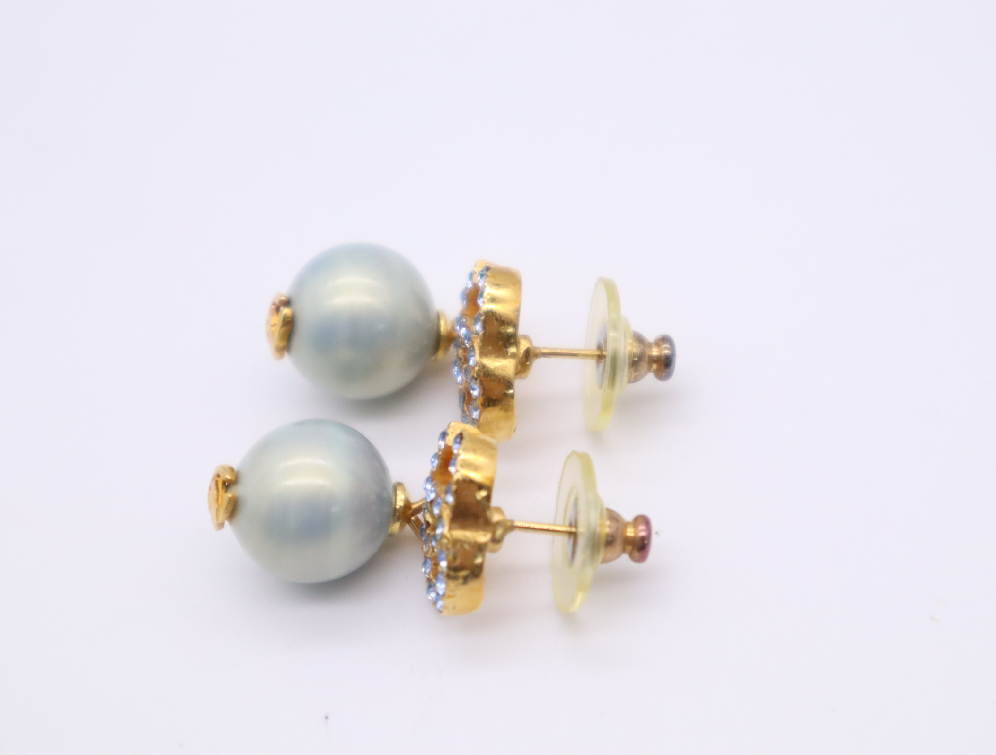 GP/Rhinestone/Faux Pearl Coco Mark Earrings Gold Blue Earrings — view 3