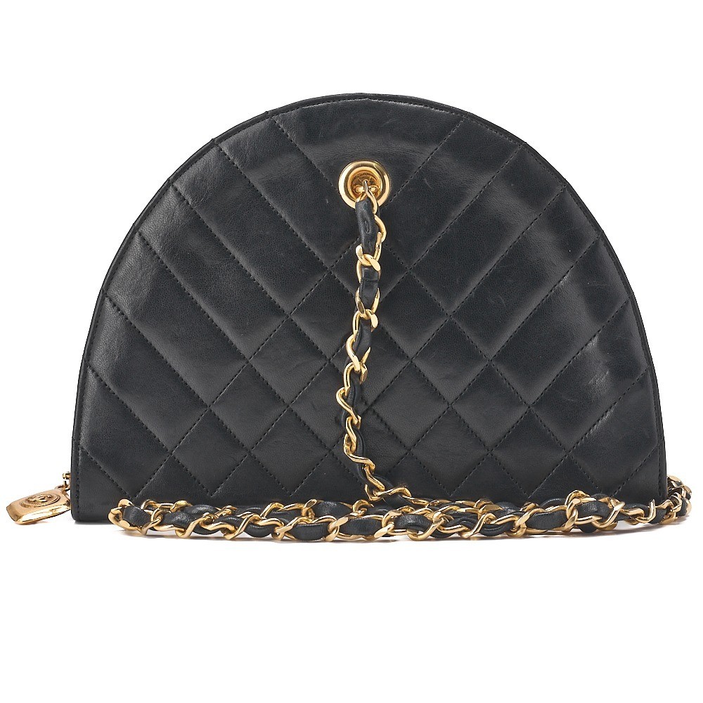Lambskin Half-Moon Plate Charm Chain Shoulder Bag, Black — view 2