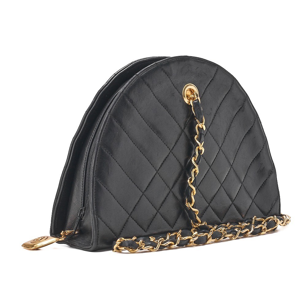 Lambskin Half-Moon Plate Charm Chain Shoulder Bag, Black — view 3