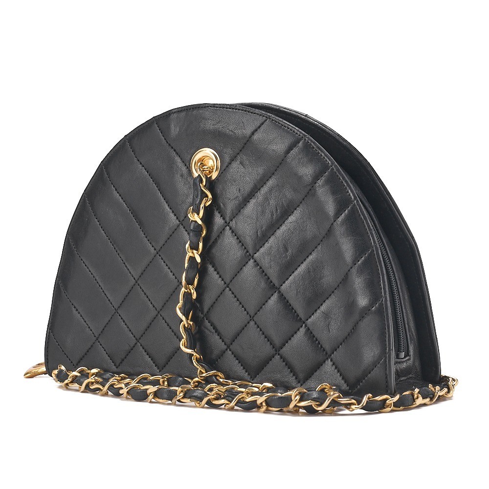 Lambskin Half-Moon Plate Charm Chain Shoulder Bag, Black — view 4