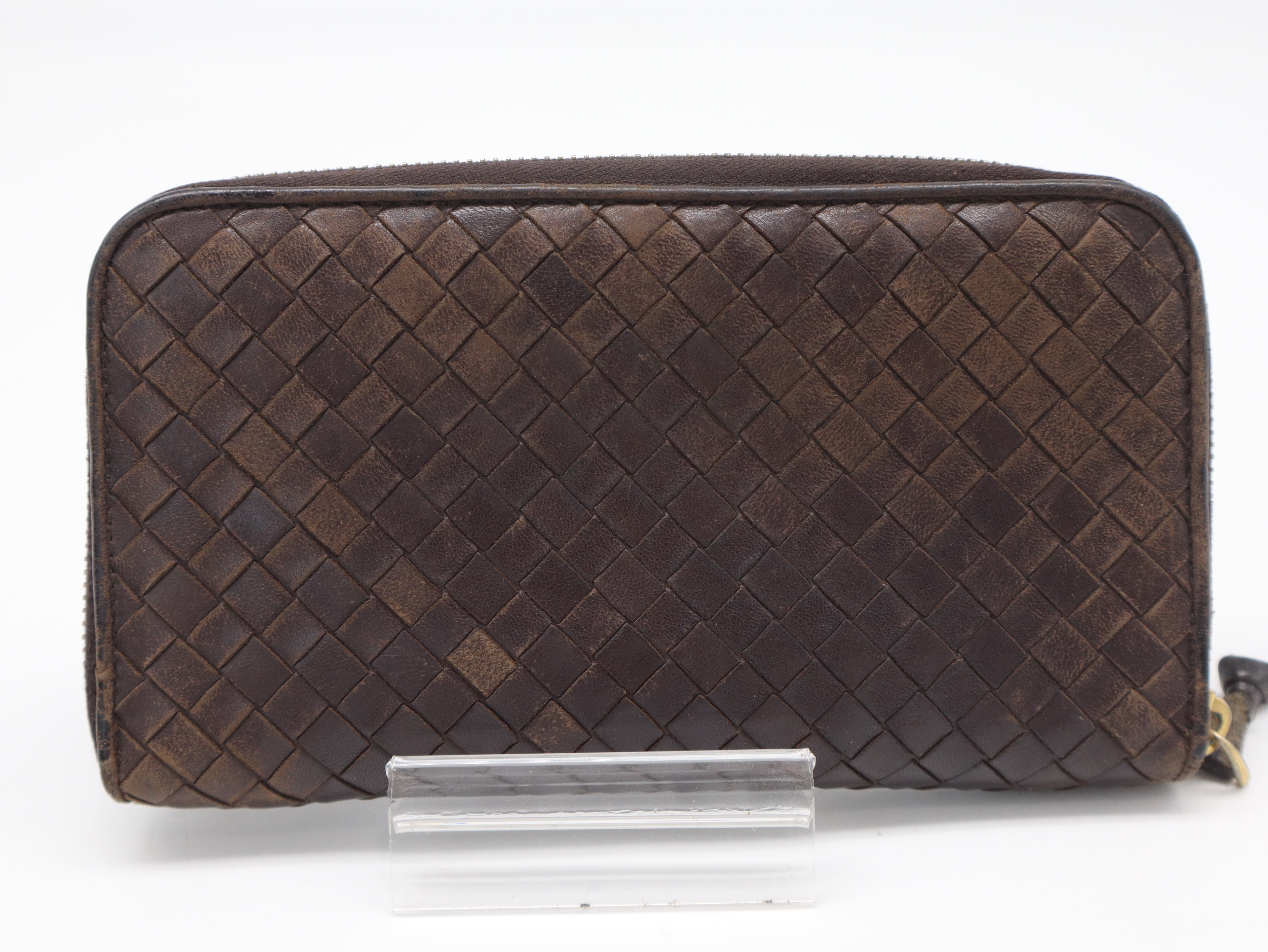 Intrecciato Round Zipper Leather Wallet, Brown — view 2