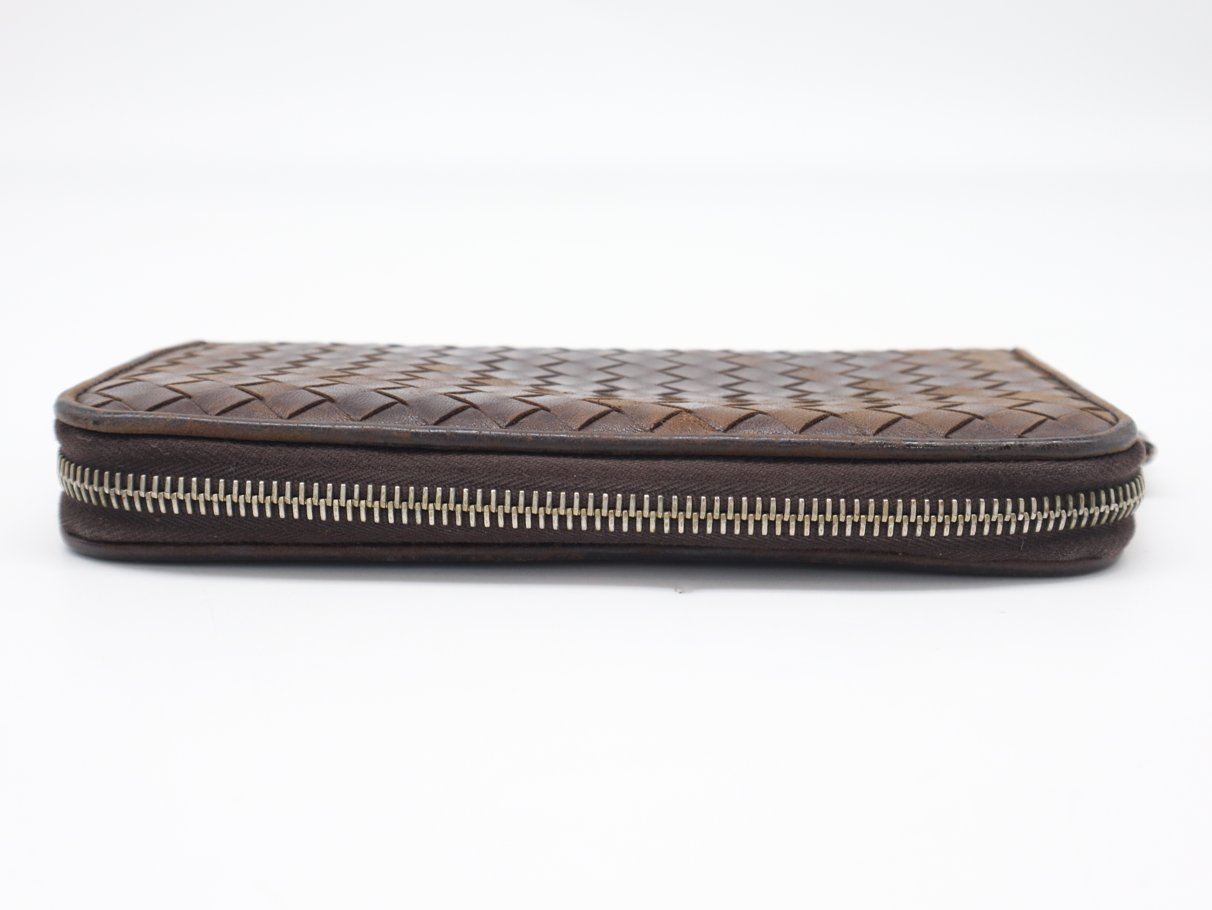 Intrecciato Round Zipper Leather Wallet, Brown — view 3