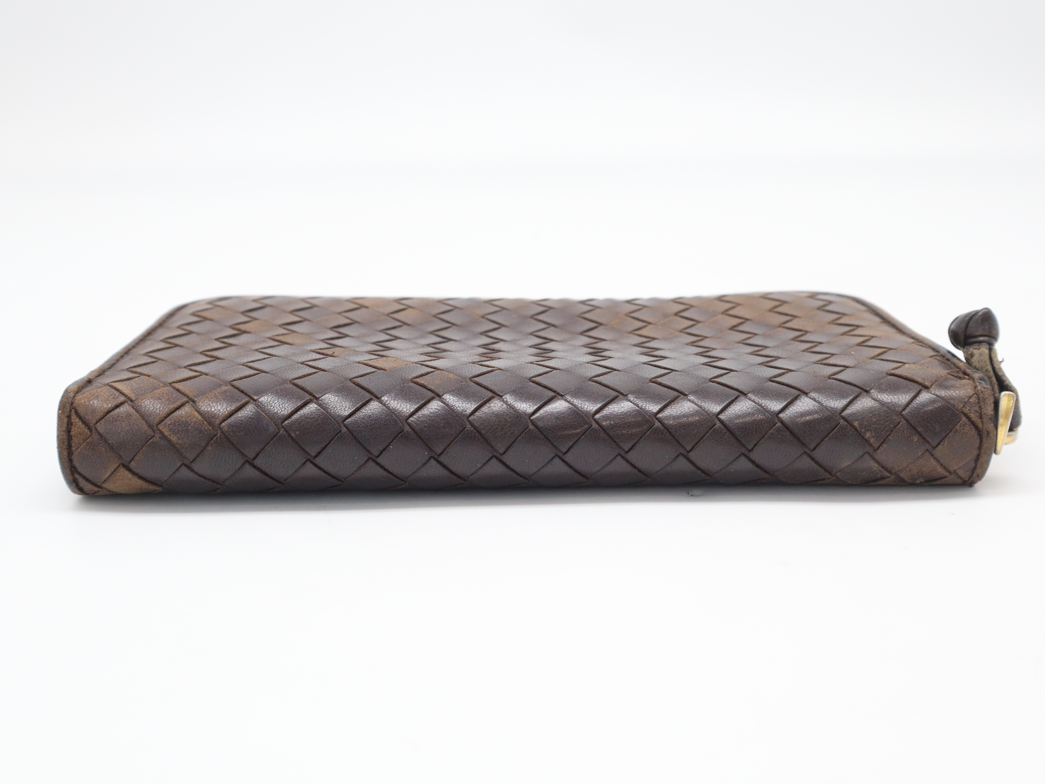 Intrecciato Round Zipper Leather Wallet, Brown — view 4
