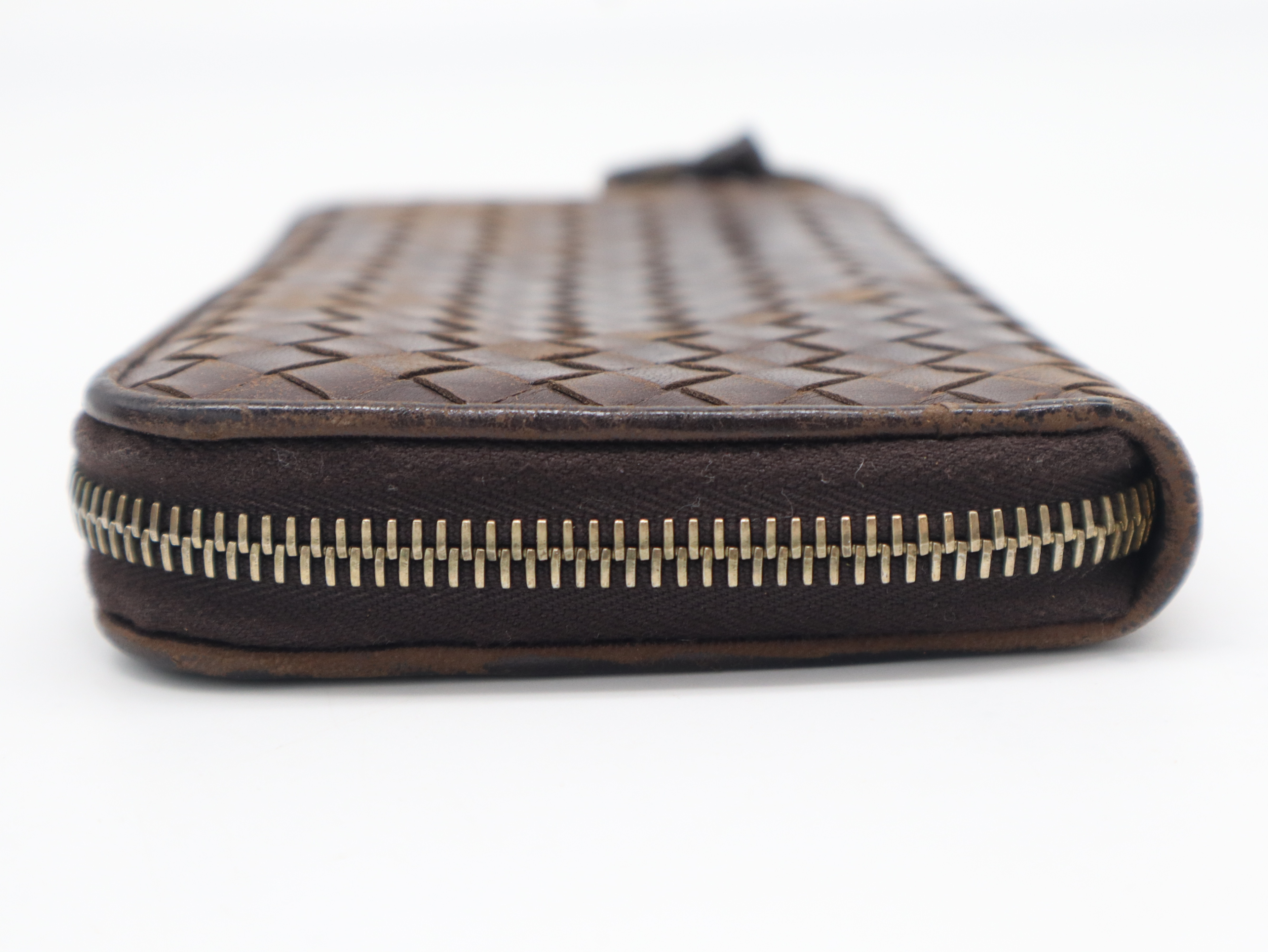 Intrecciato Round Zipper Leather Wallet, Brown — view 5