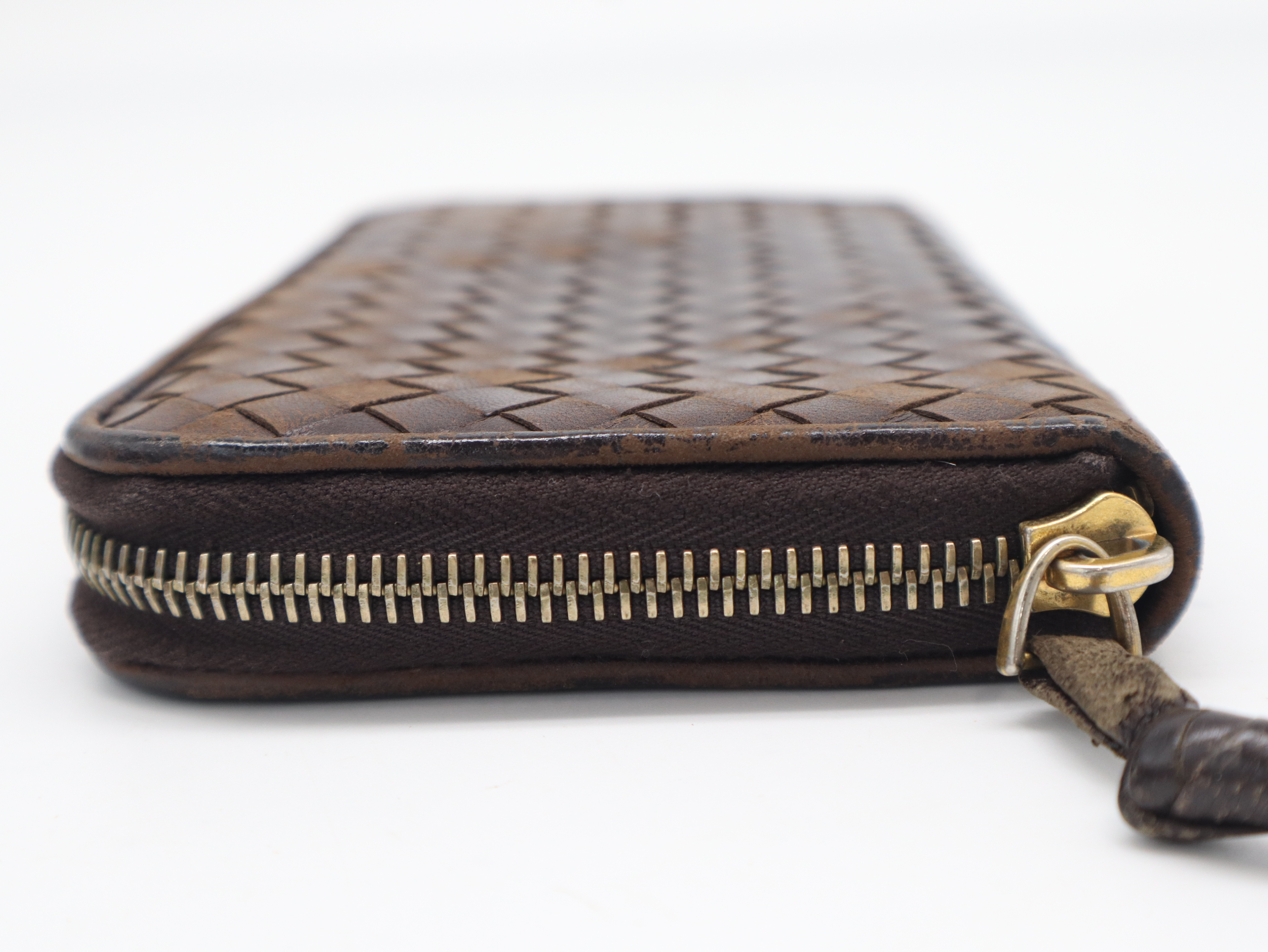 Intrecciato Round Zipper Leather Wallet, Brown — view 6