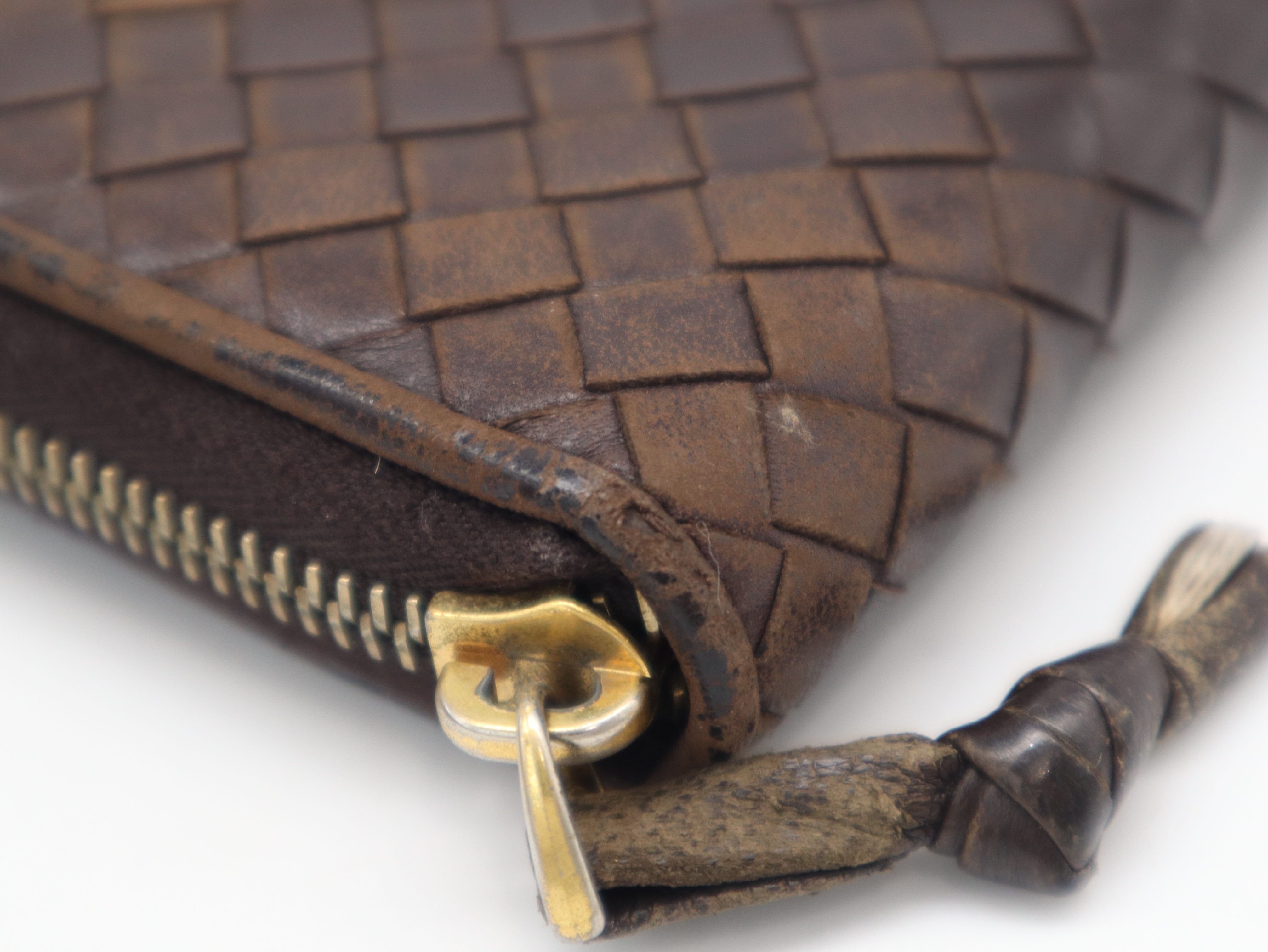 Intrecciato Round Zipper Leather Wallet, Brown — view 7