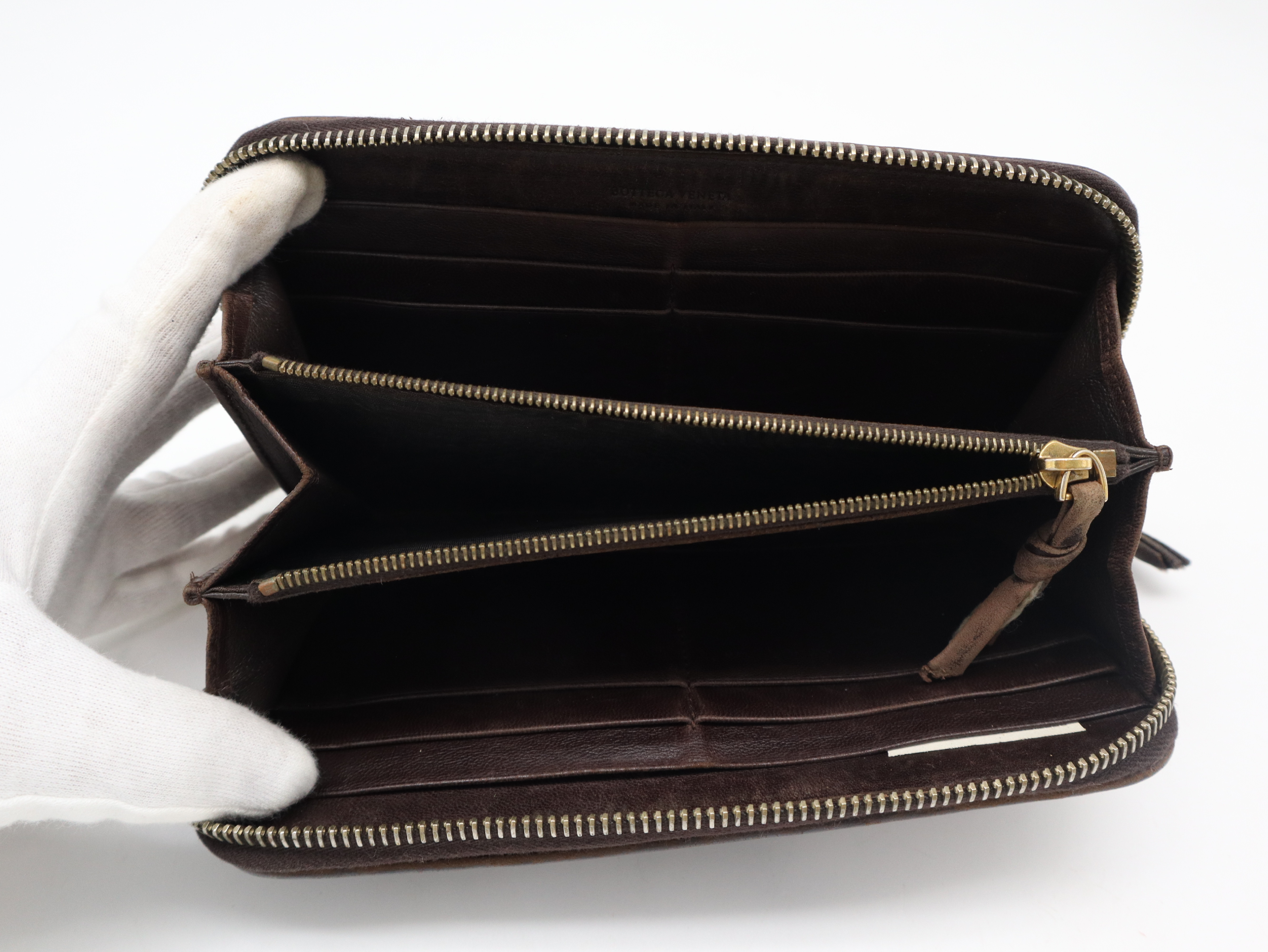 Intrecciato Round Zipper Leather Wallet, Brown — view 8