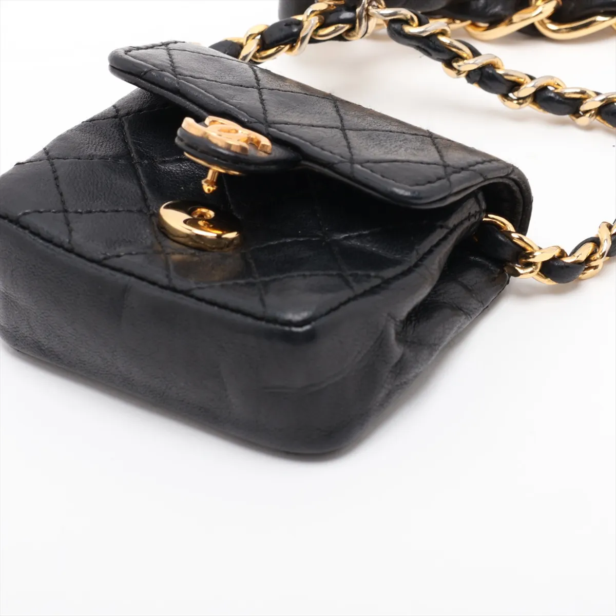 Mini Matelassé Lambskin Waist Pouch, Black with Gold Hardware — view 3