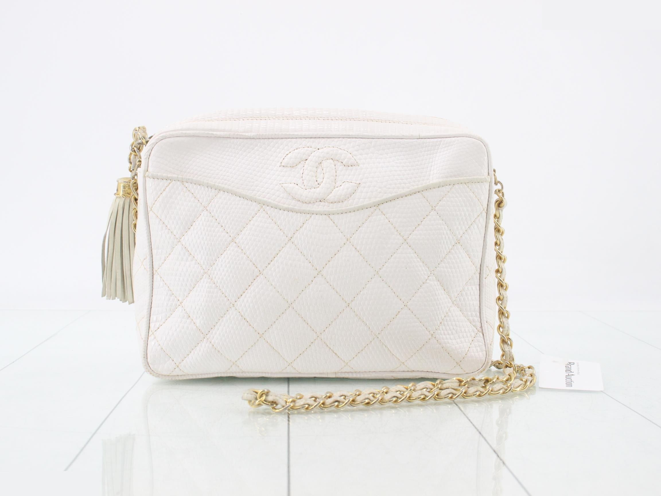 Coco Mark Fringe Chain Shoulder Bag, White Lizard