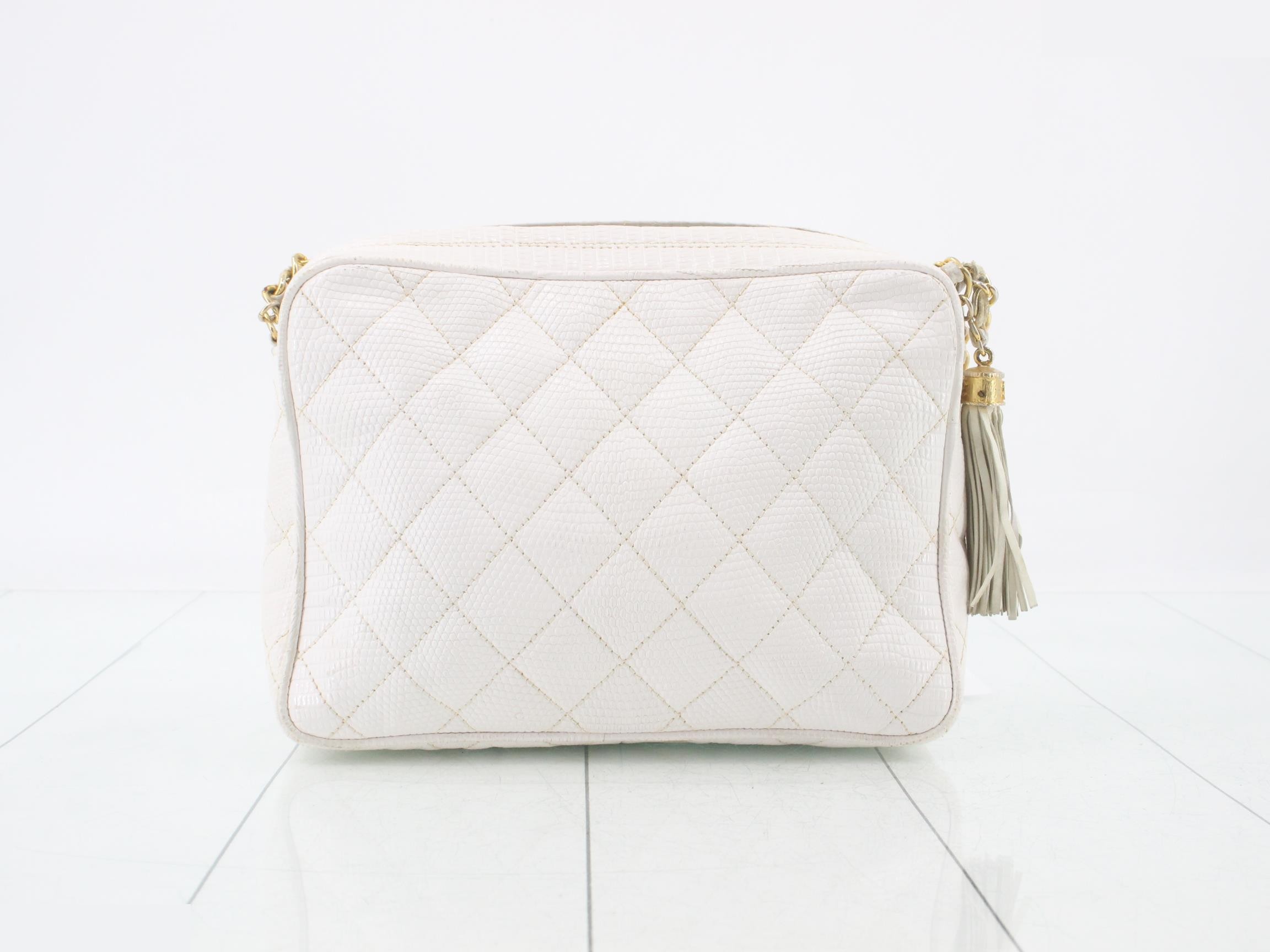 Coco Mark Fringe Chain Shoulder Bag, White Lizard — view 2