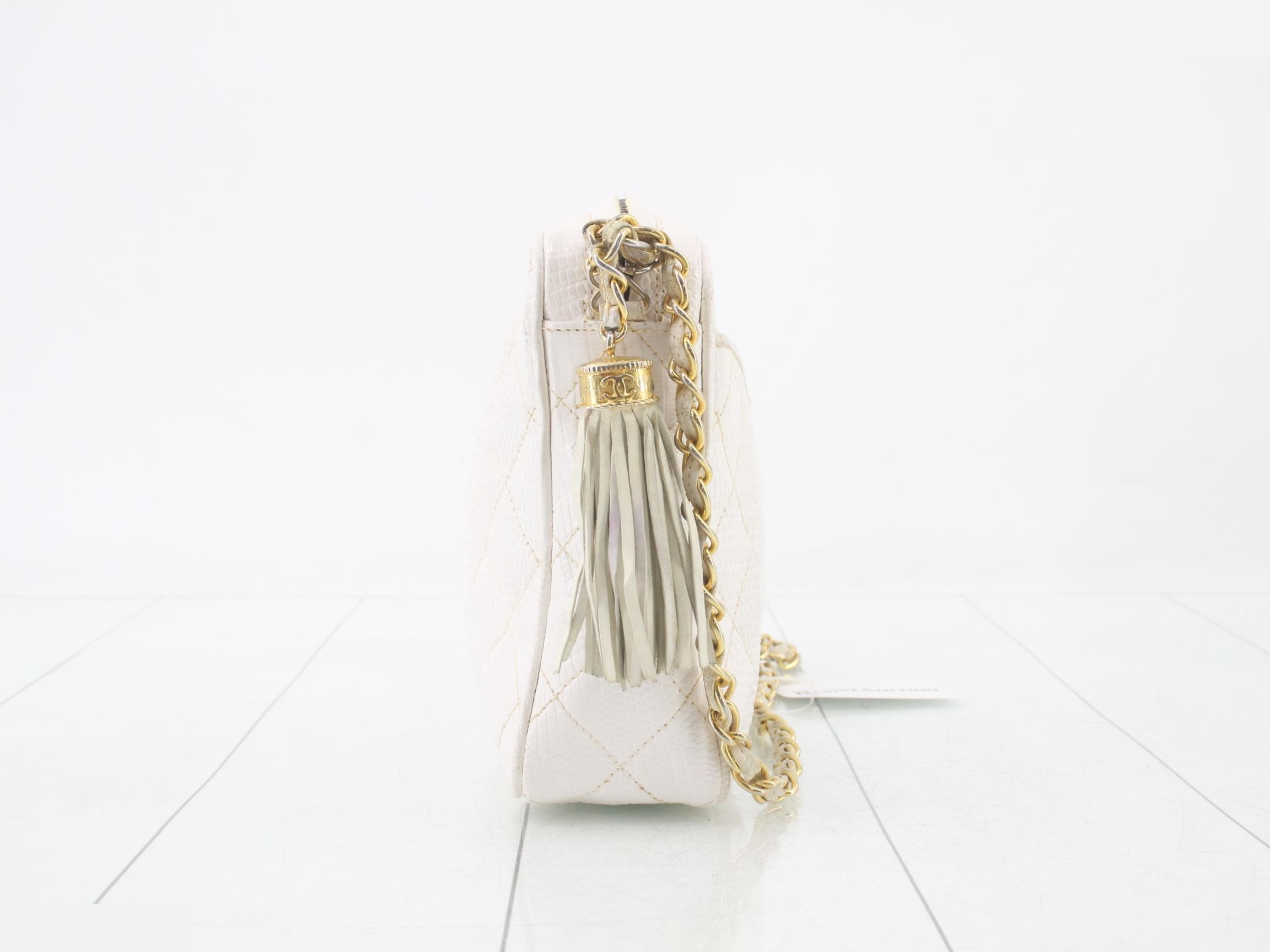 Coco Mark Fringe Chain Shoulder Bag, White Lizard — view 4