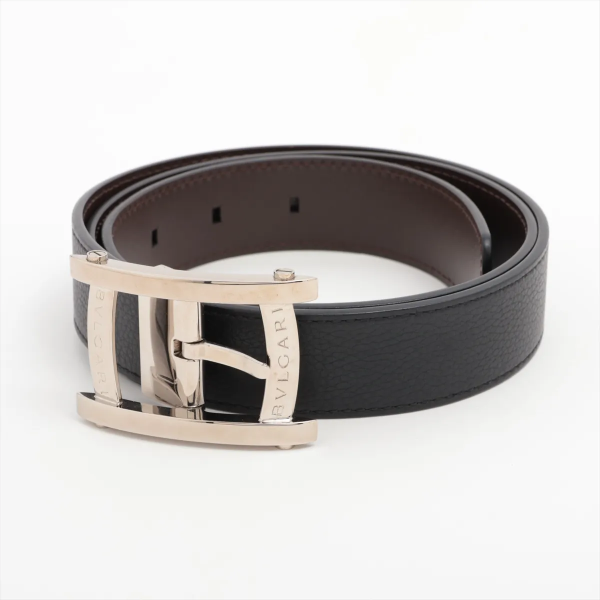 logo belt, leather x metal, brown x black. Shows signs of wear: