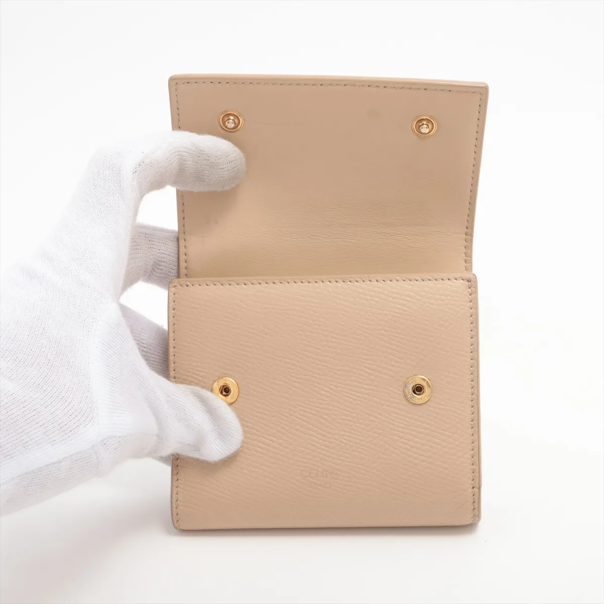 Small Trifold Leather Compact Wallet, Beige — view 3