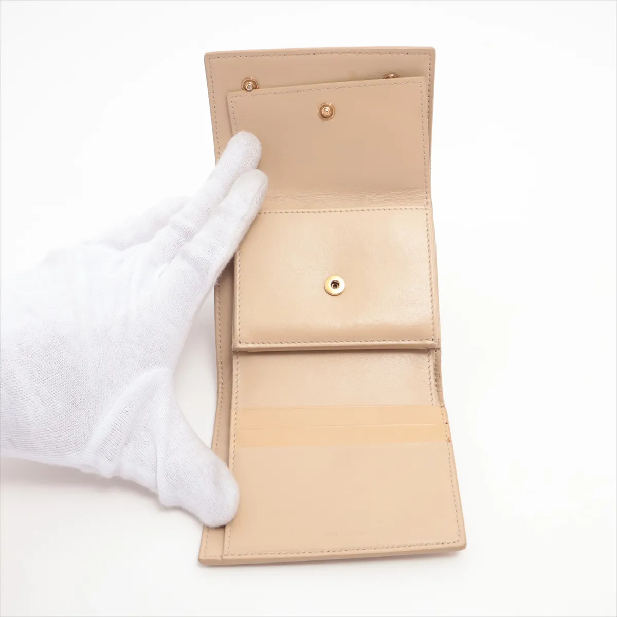 Small Trifold Leather Compact Wallet, Beige — view 5