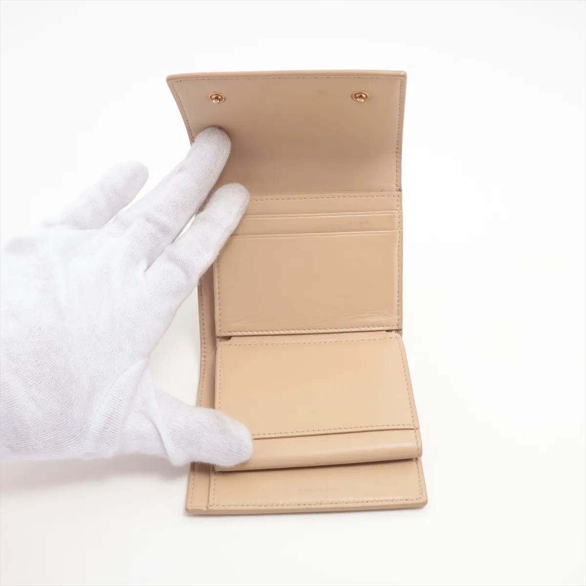 Small Trifold Leather Compact Wallet, Beige — view 6