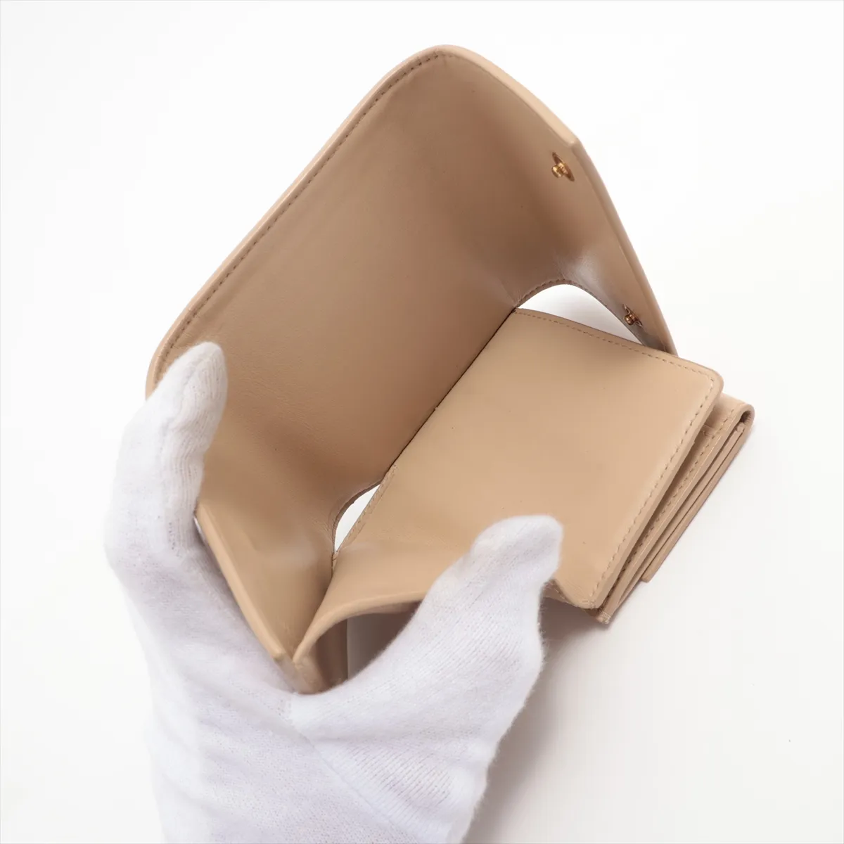Small Trifold Leather Compact Wallet, Beige — view 7