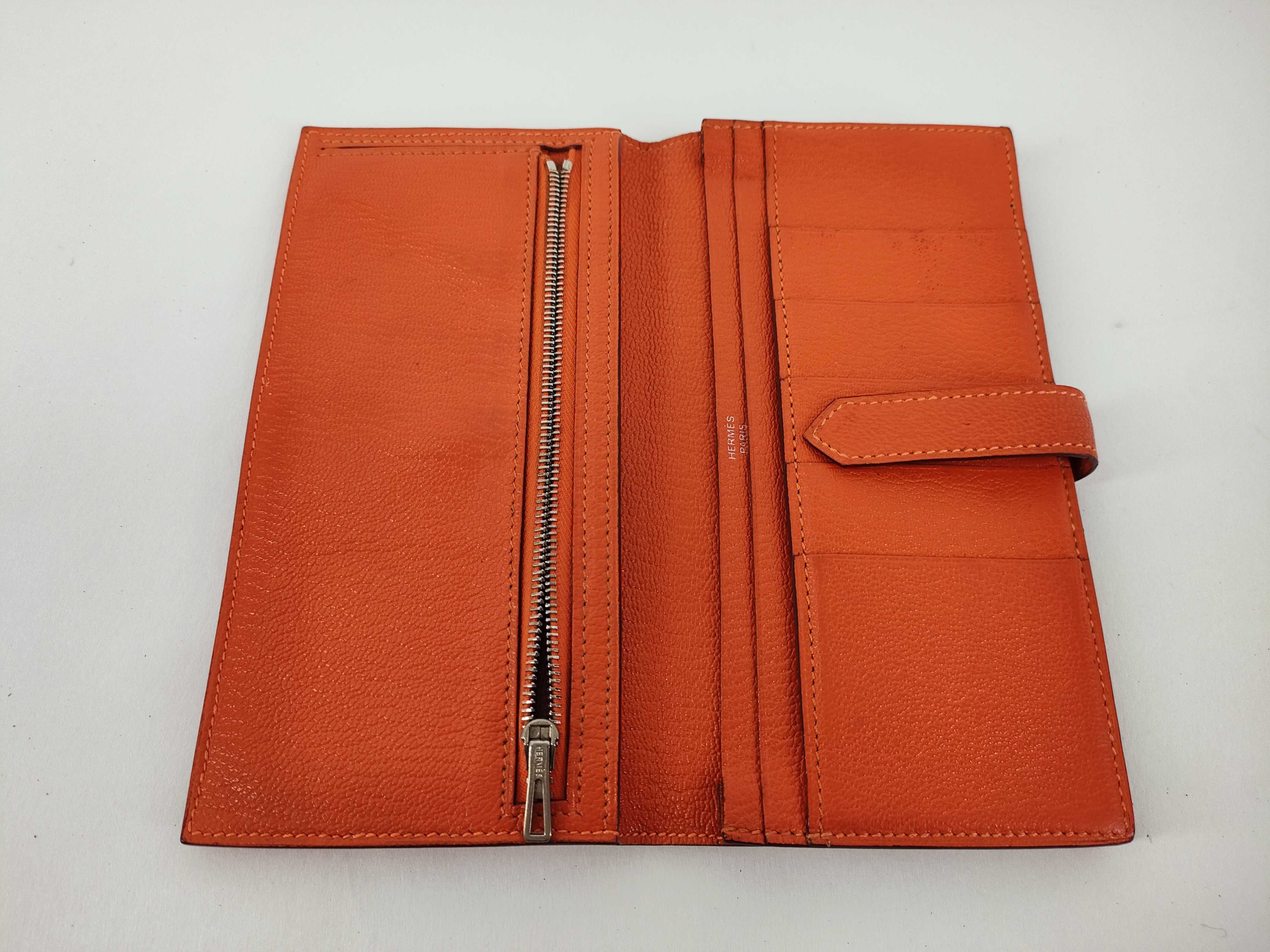 Bearn Soufflé Chevre Leather Long Wallet, Orange, Silver Hardware, T Stamp — view 9