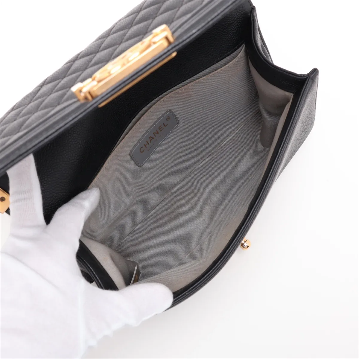 Boy Chanel 25 Caviar Skin Chain Shoulder Bag, Black with Gold Hardware, 17693984, Serial Number 17, A67086 — view 7
