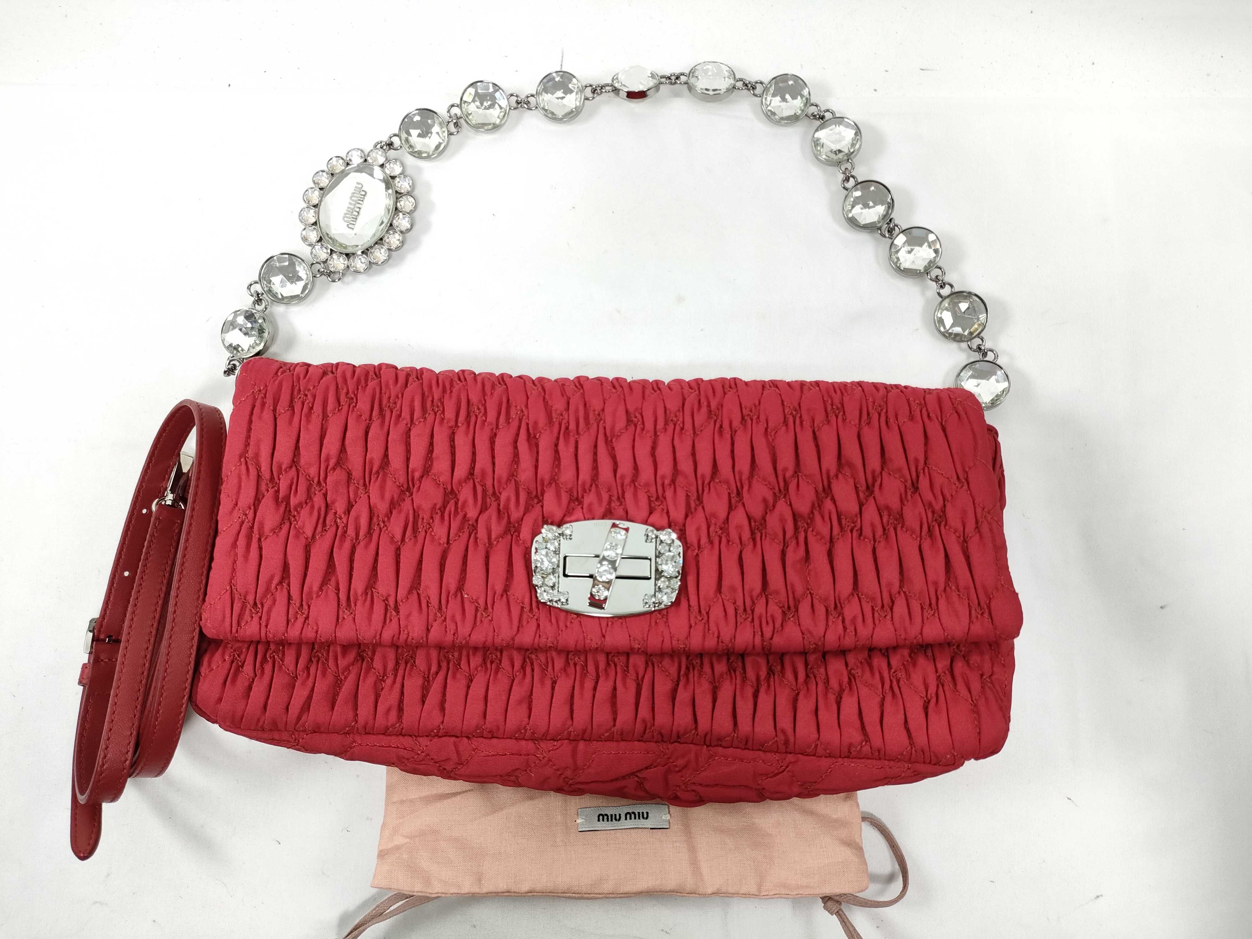 Matelassé Nappa Crystal Bijou Shoulder Bag Handbag Red Shoulder Bag