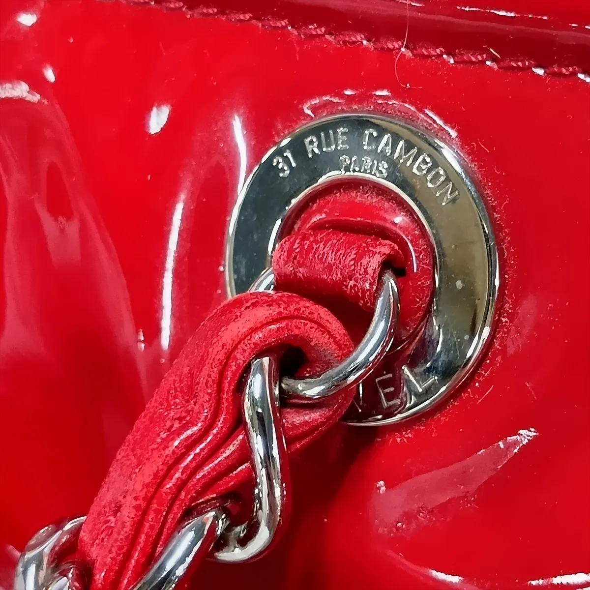 Coco Mark Patent Leather Chain Tote Bag, Red, Silver Hardware, Item No. 13191798 (Serial No. 13) — view 14