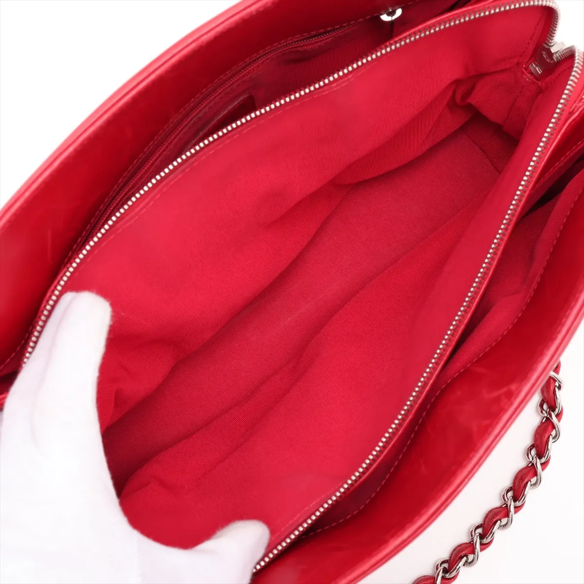 Coco Mark Patent Leather Chain Tote Bag, Red, Silver Hardware, Item No. 13191798 (Serial No. 13) — view 7
