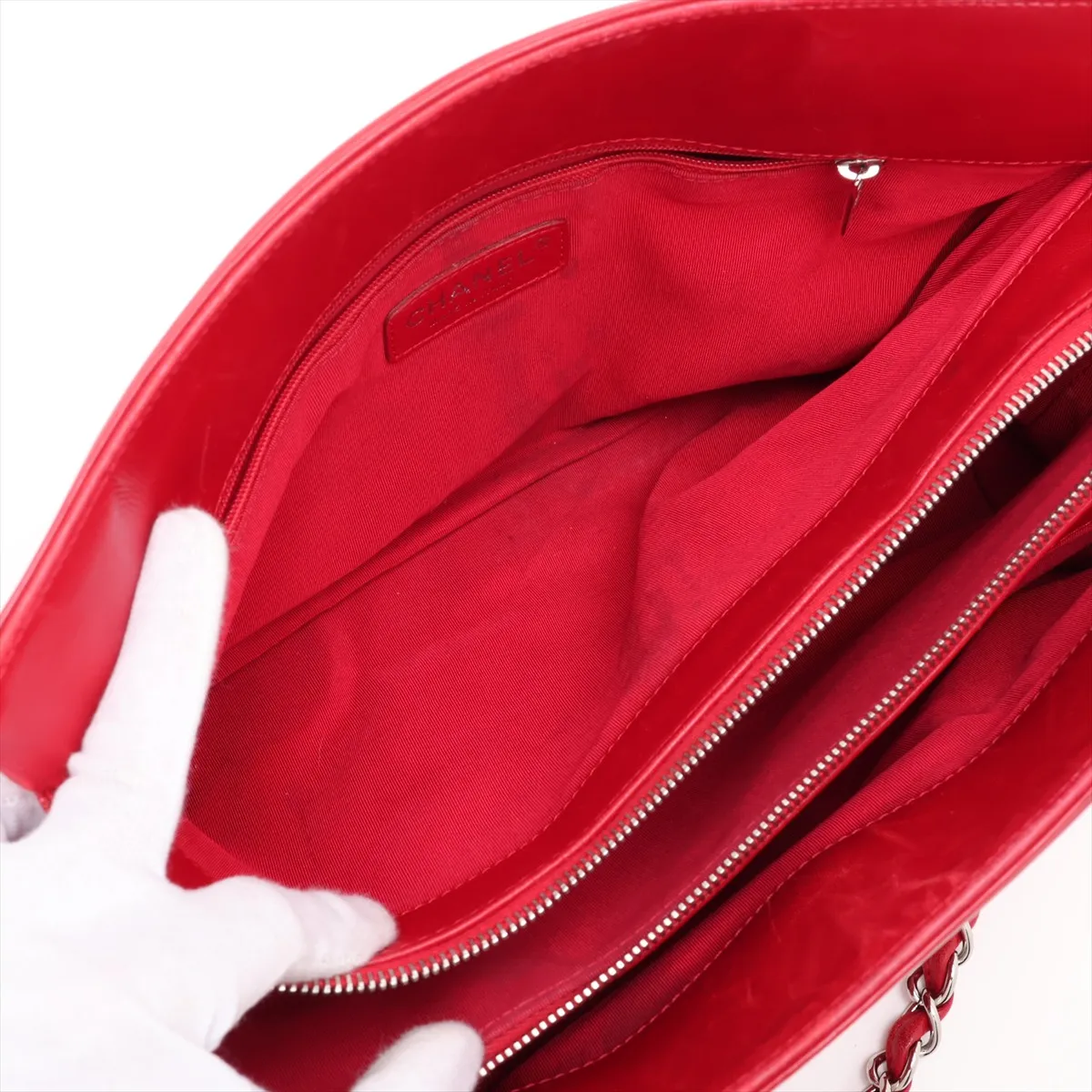 Coco Mark Patent Leather Chain Tote Bag, Red, Silver Hardware, Item No. 13191798 (Serial No. 13) — view 8