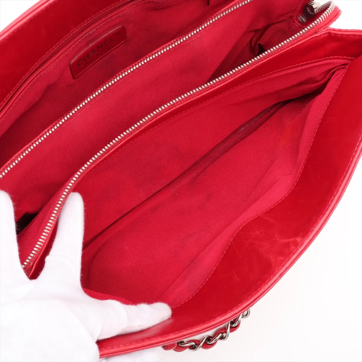 Coco Mark Patent Leather Chain Tote Bag, Red, Silver Hardware, Item No. 13191798 (Serial No. 13) — view 9