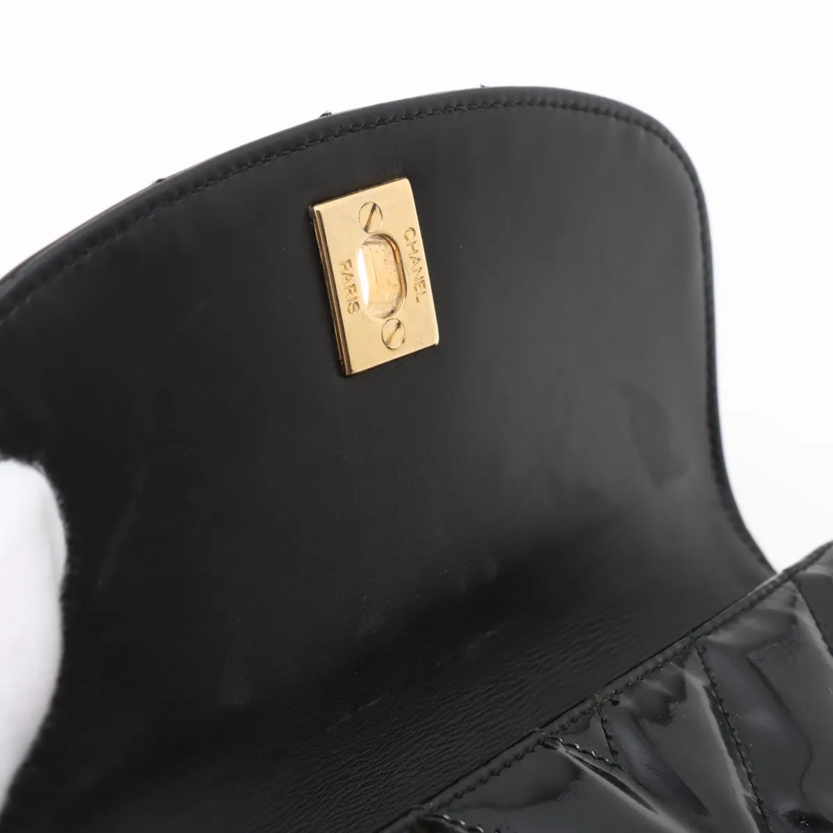 Chevron Patent Leather Waist Pouch Black Gold Hardware — view 11