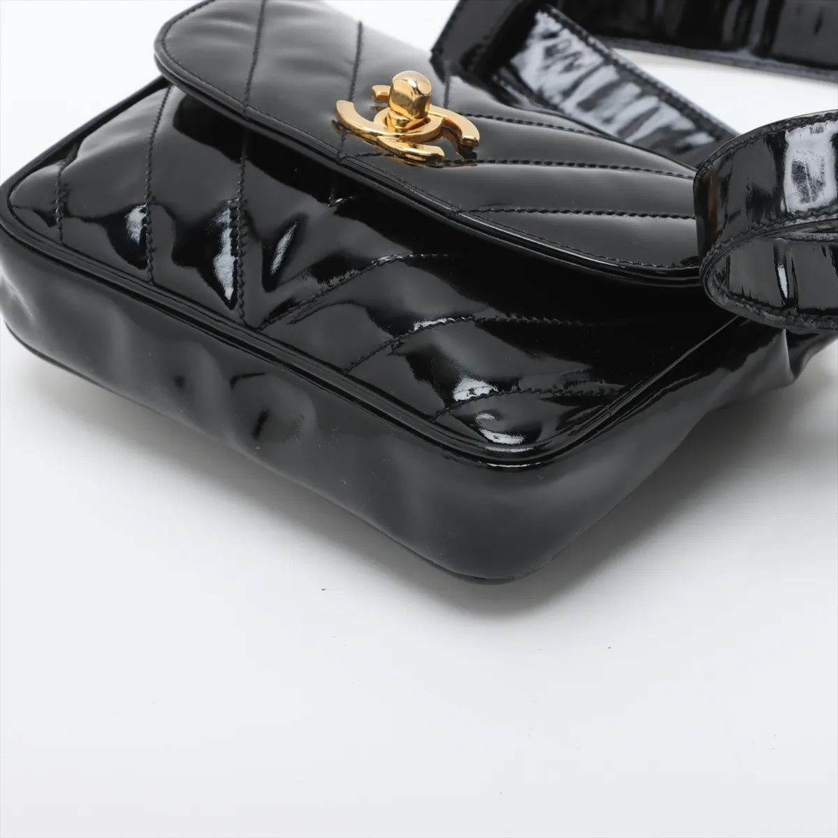 Chevron Patent Leather Waist Pouch Black Gold Hardware — view 3