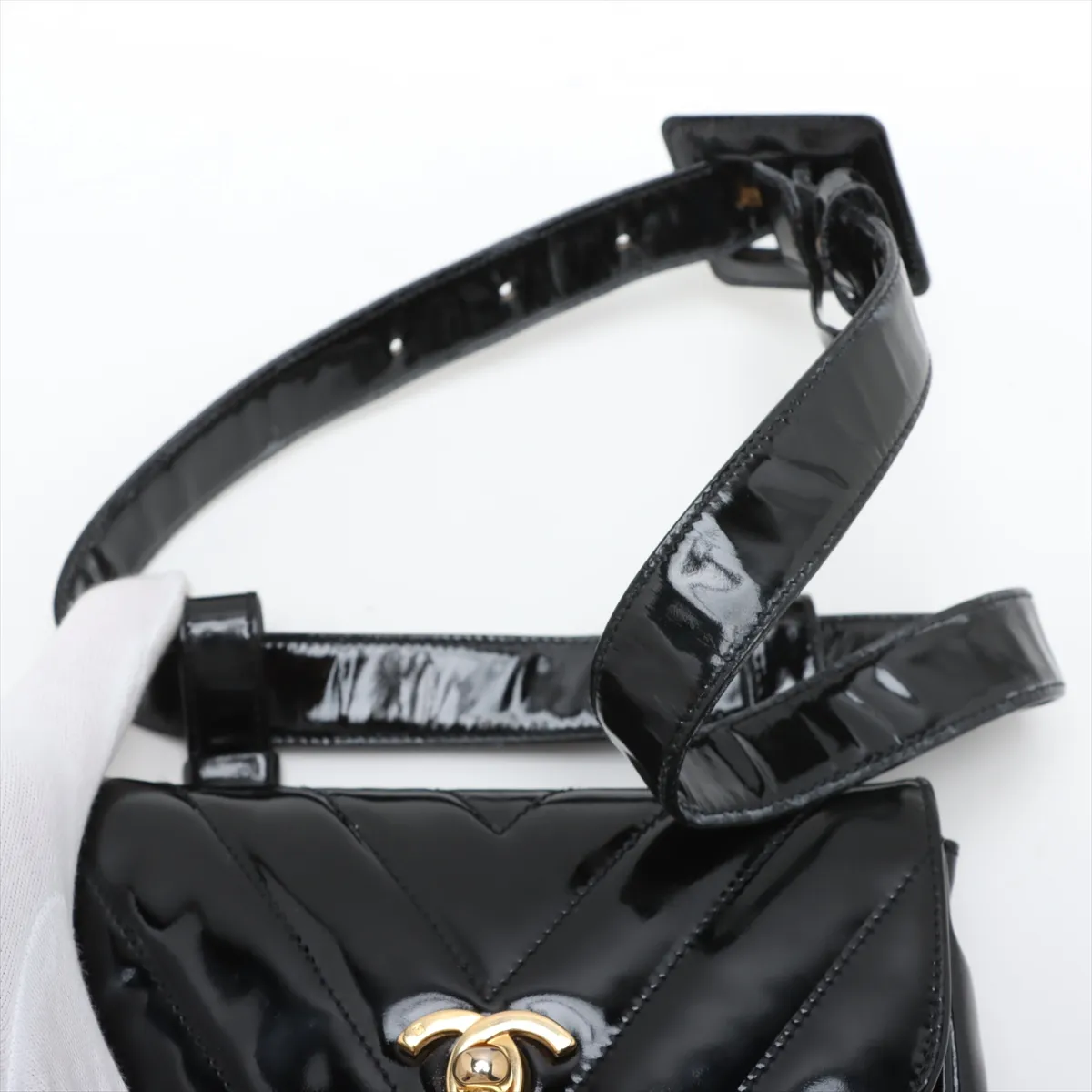 Chevron Patent Leather Waist Pouch Black Gold Hardware — view 6