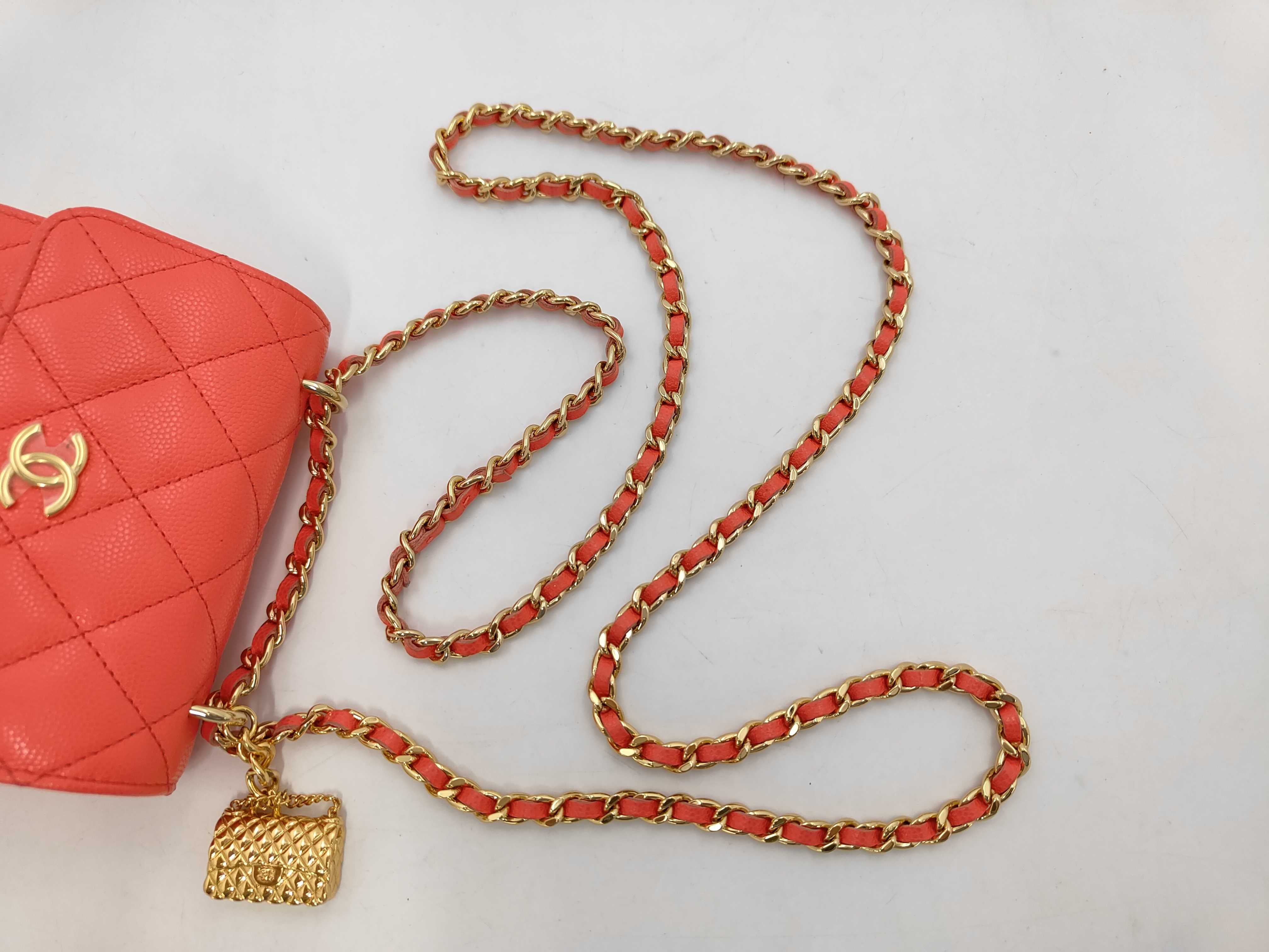 Matelassé Mini Chain Shoulder Bag, Caviar Leather, Red, Gold Hardware, with Charm — view 5