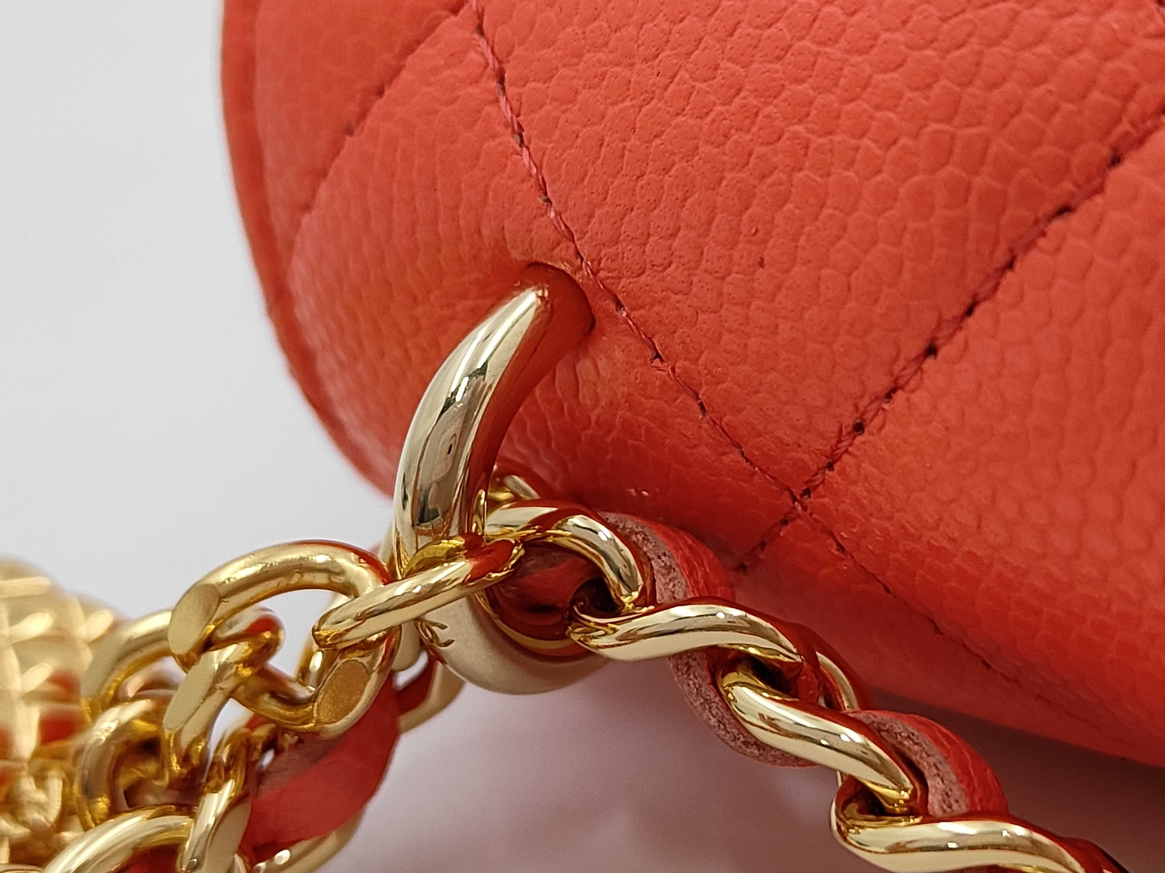 Matelassé Mini Chain Shoulder Bag, Caviar Leather, Red, Gold Hardware, with Charm — view 7