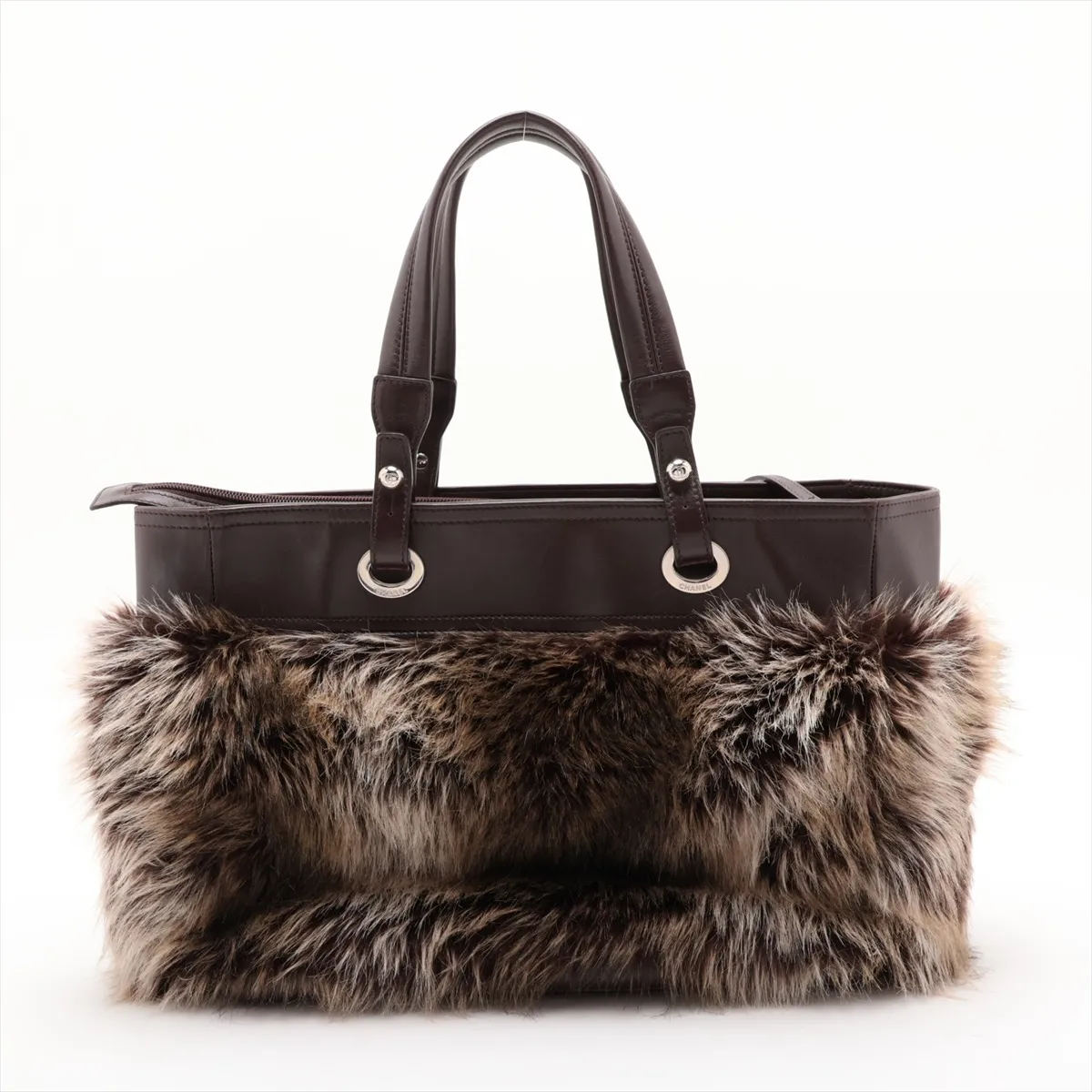 Coco Mark Fur and Leather Tote Bag, Brown, Silver Hardware, 14041651, Series 14 — view 2