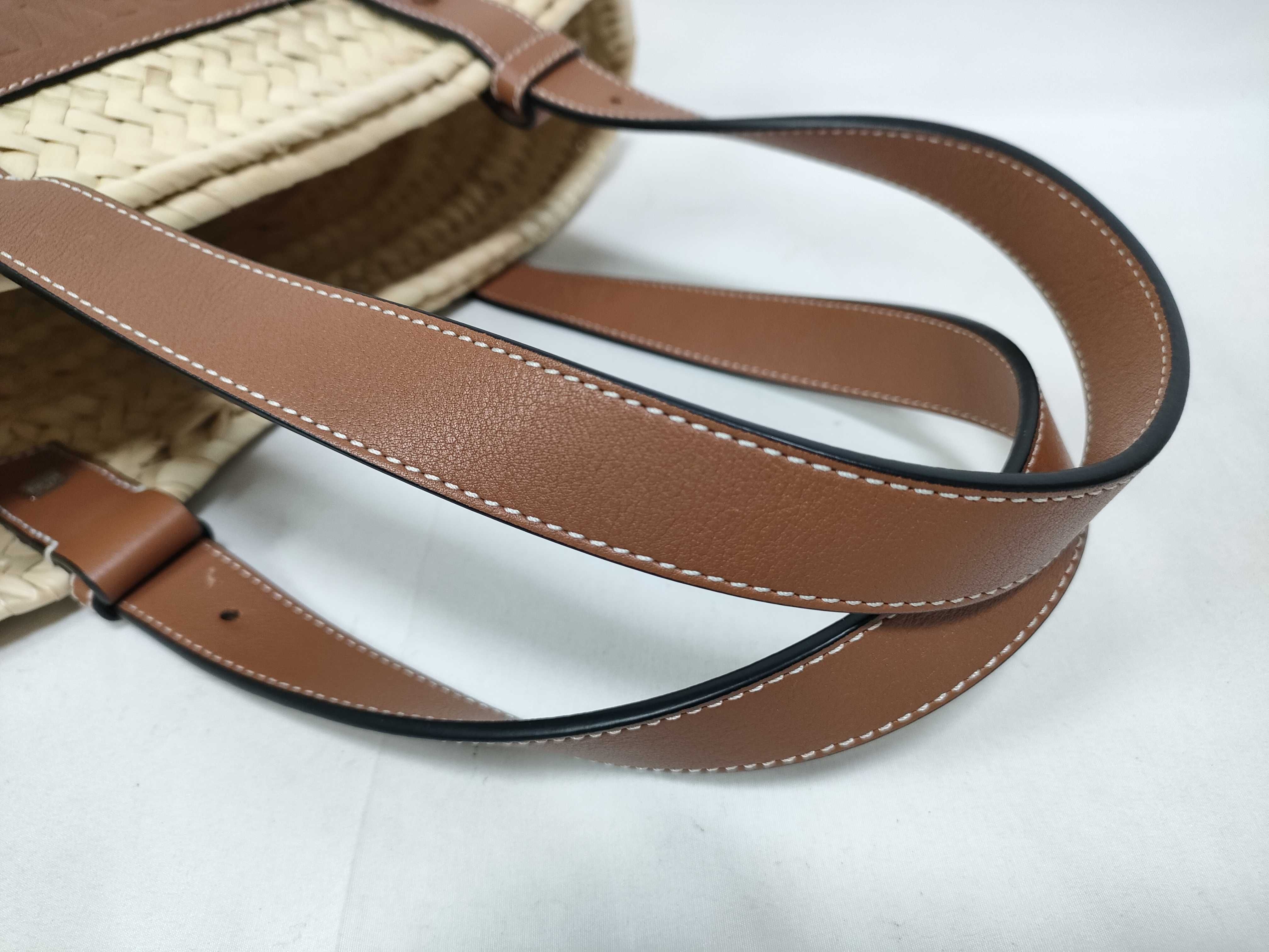 Basket Small Raffia x Leather Basket Bag, Tan, Complete with Accessories, Handbag — view 7