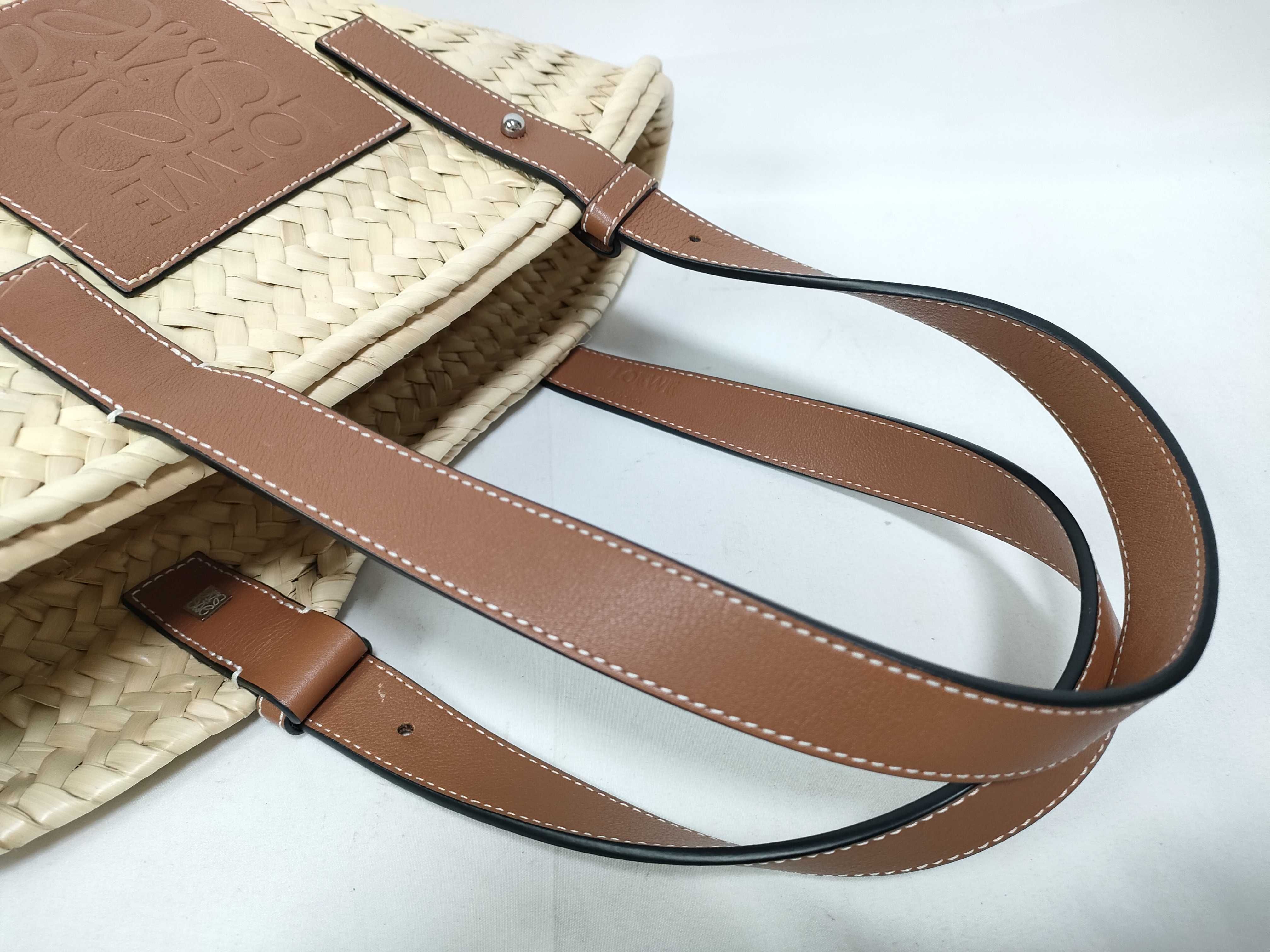 Basket Small Raffia x Leather Basket Bag, Tan, Complete with Accessories, Handbag — view 8