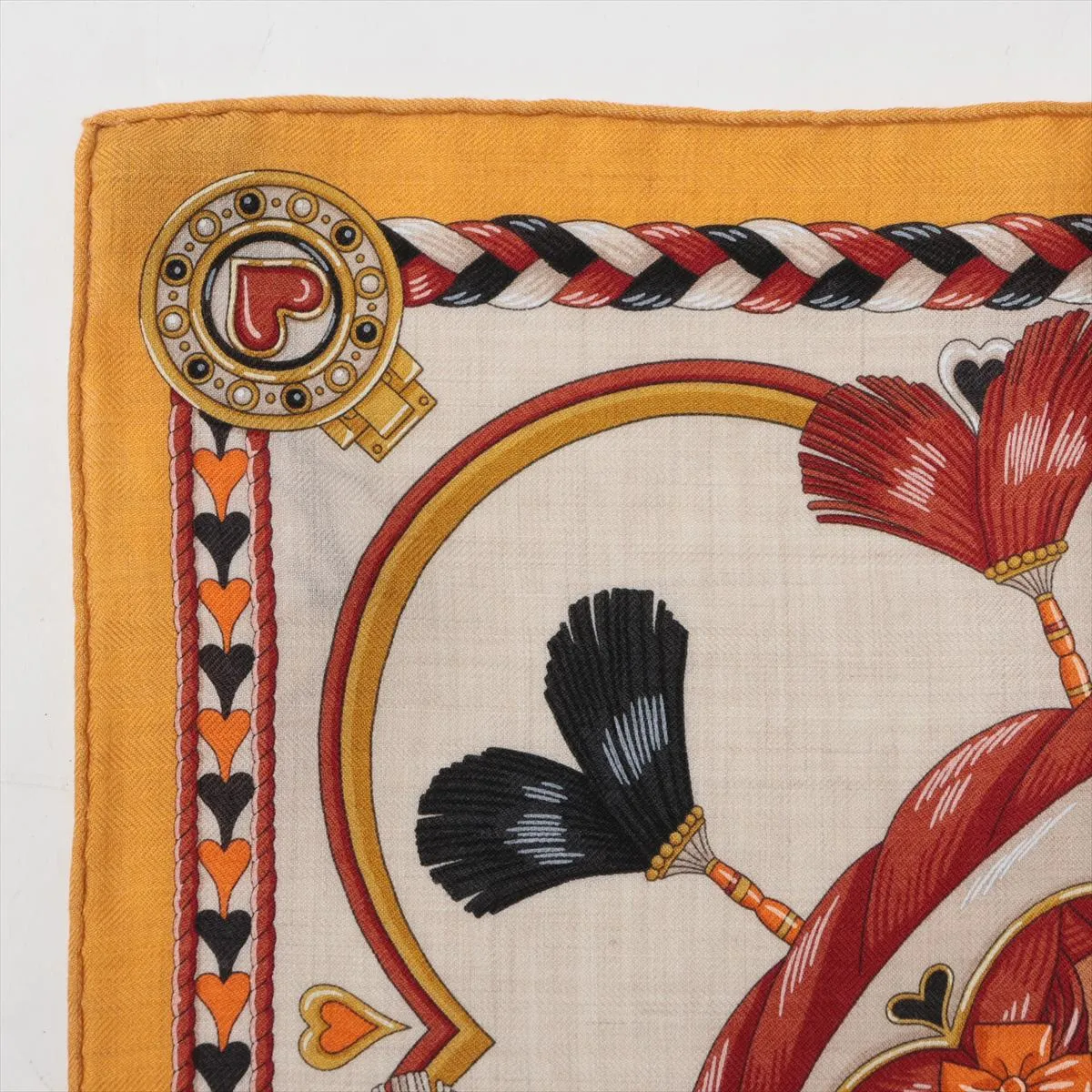 Carre 45 Gavroche HARNAIS DE COEUR scarf, cashmere x silk, yellow. Shows signs of wear, — view 2