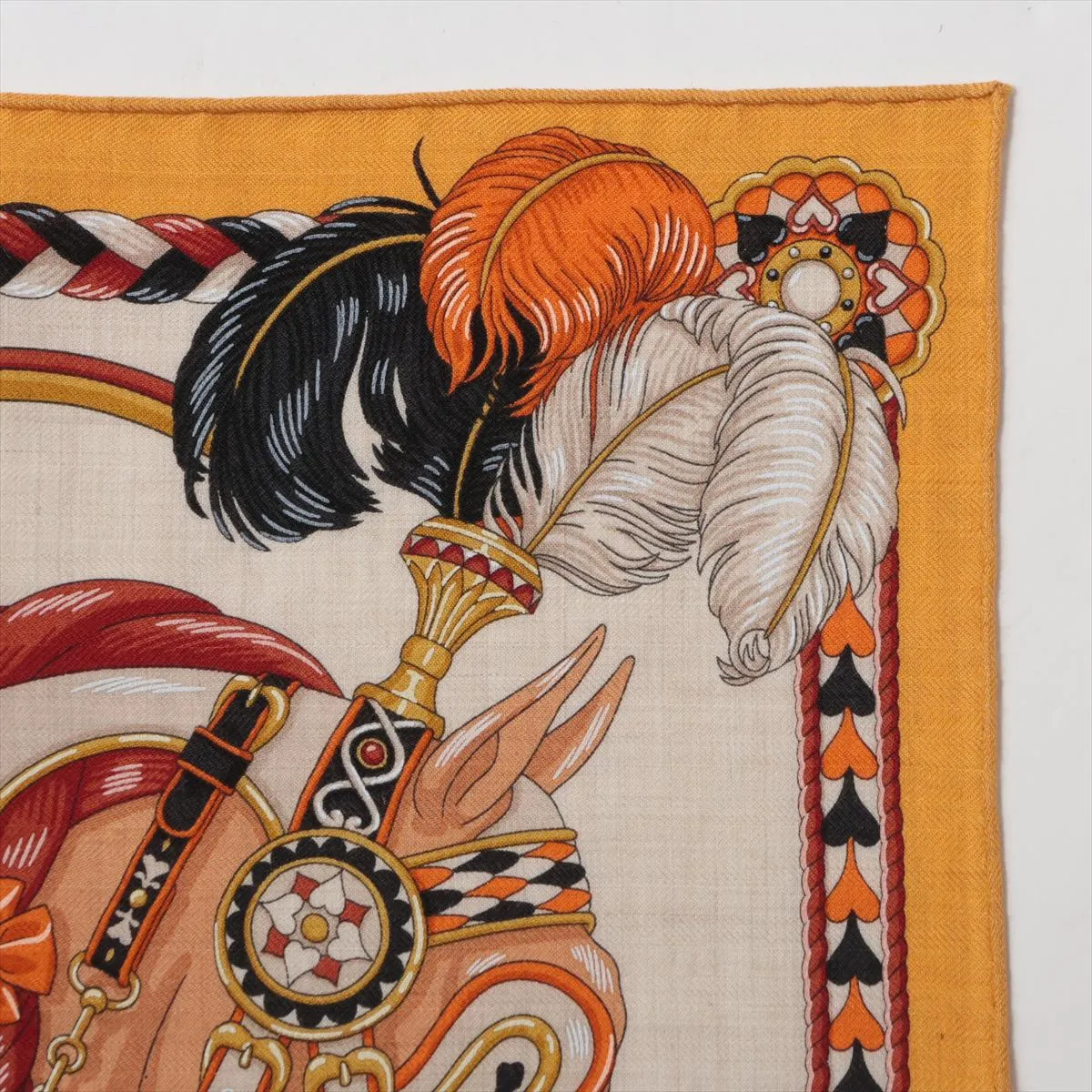 Carre 45 Gavroche HARNAIS DE COEUR scarf, cashmere x silk, yellow. Shows signs of wear, — view 3