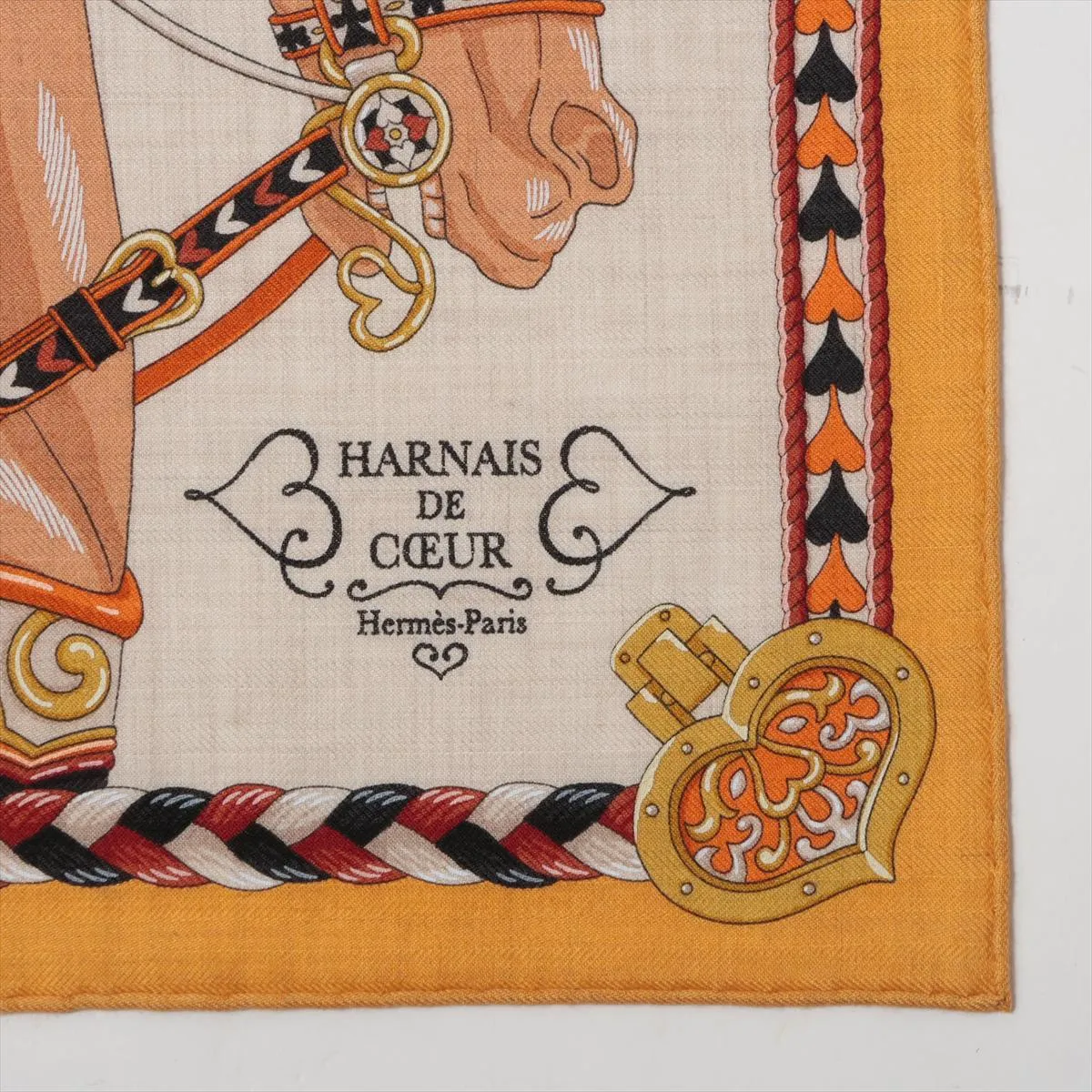 Carre 45 Gavroche HARNAIS DE COEUR scarf, cashmere x silk, yellow. Shows signs of wear, — view 4