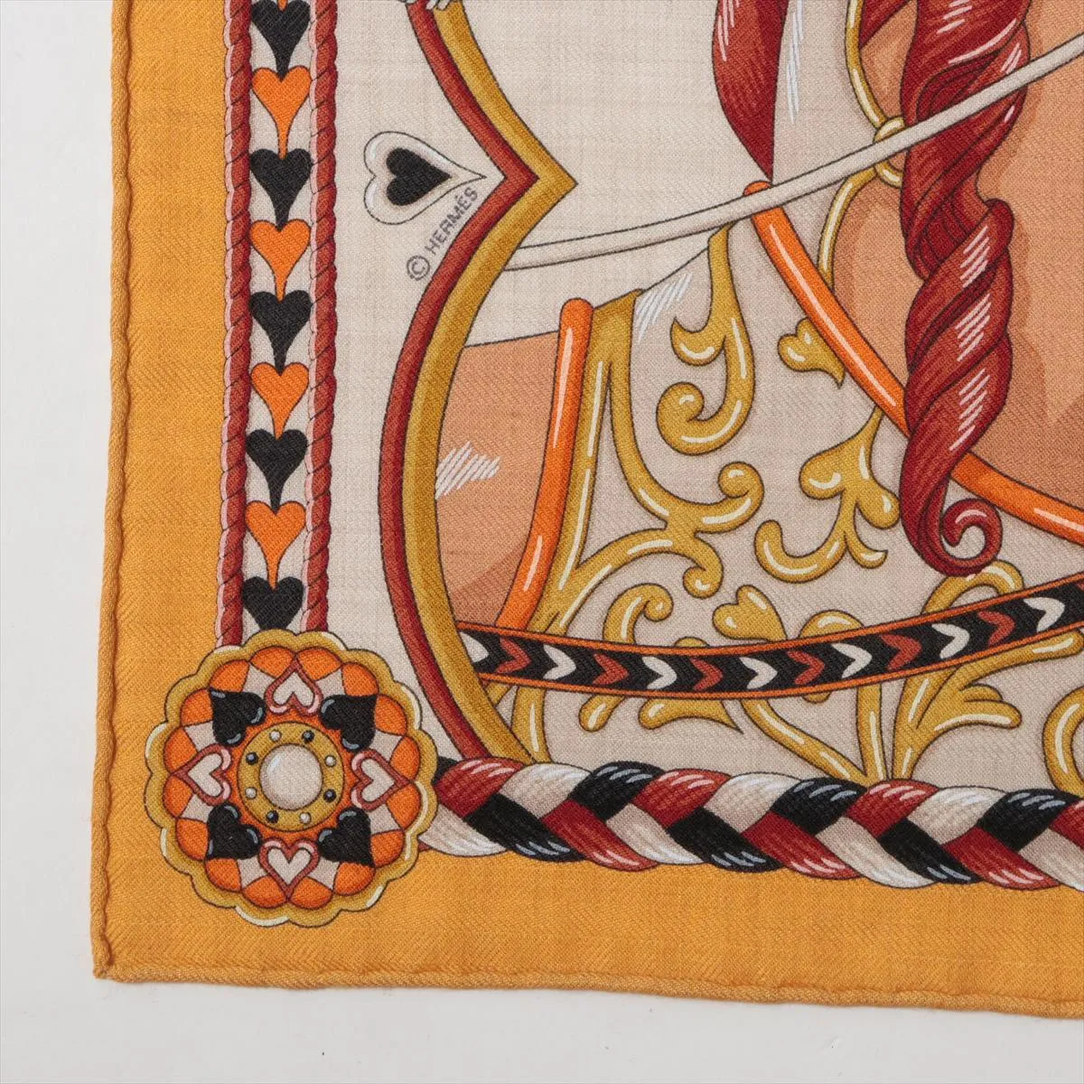 Carre 45 Gavroche HARNAIS DE COEUR scarf, cashmere x silk, yellow. Shows signs of wear, — view 5