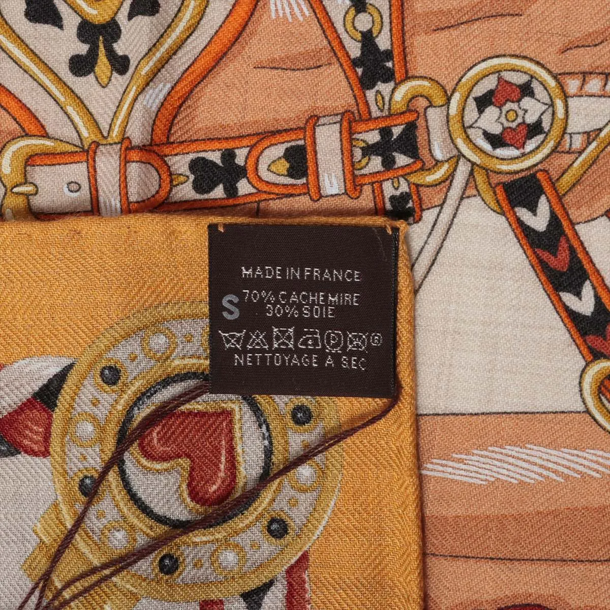 Carre 45 Gavroche HARNAIS DE COEUR scarf, cashmere x silk, yellow. Shows signs of wear, — view 7