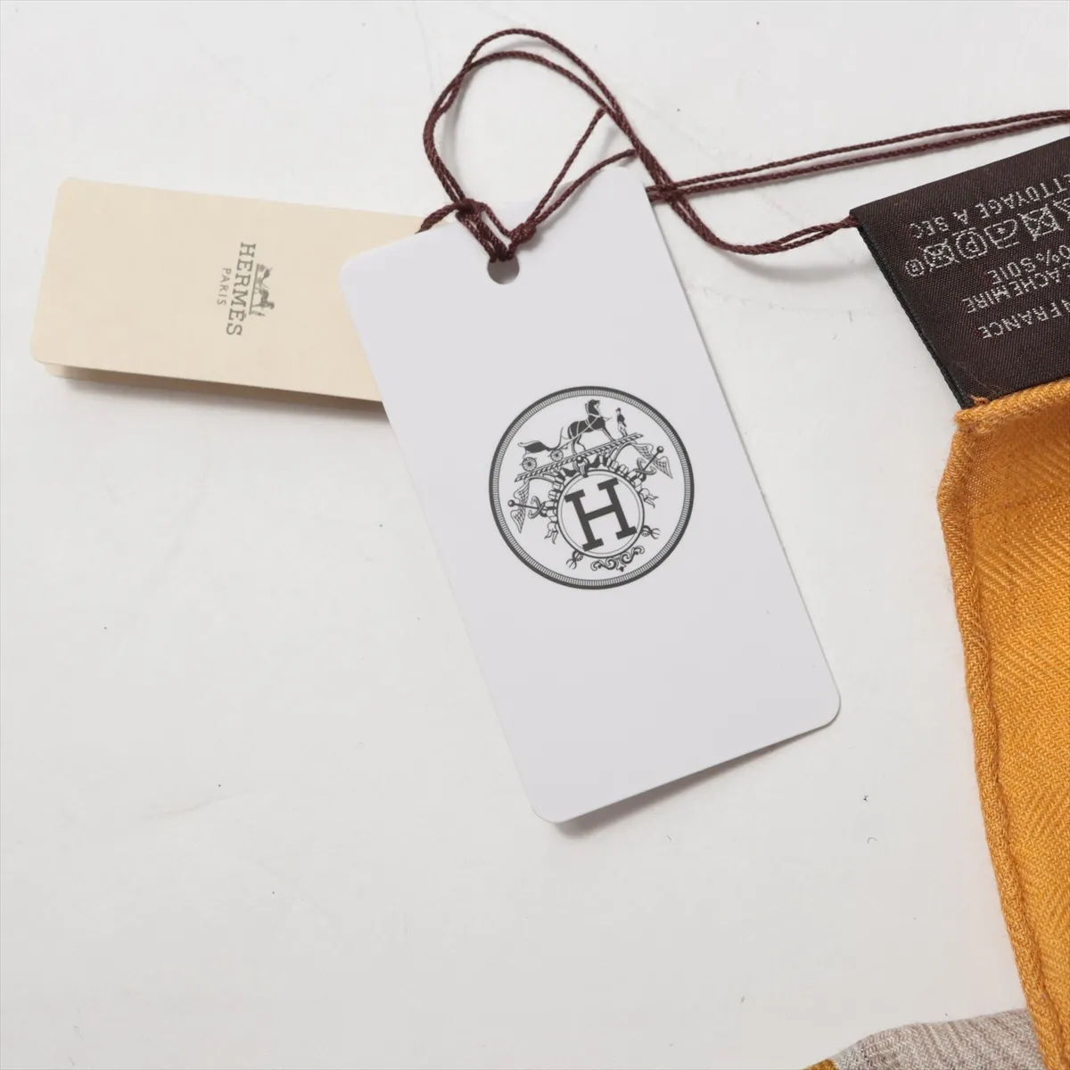 Carre 45 Gavroche HARNAIS DE COEUR scarf, cashmere x silk, yellow. Shows signs of wear, — view 8