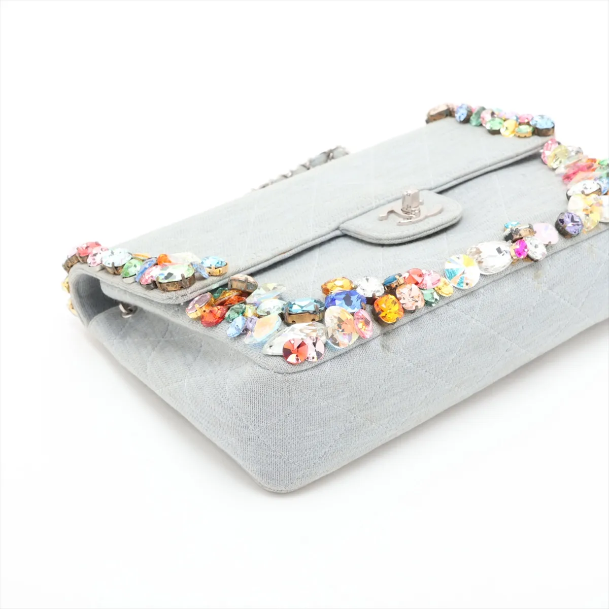 Matelassé Denim Single Flap Single Chain Bag, Bijou, Blue, Silver Hardware, 5947838, Series 5 — view 4