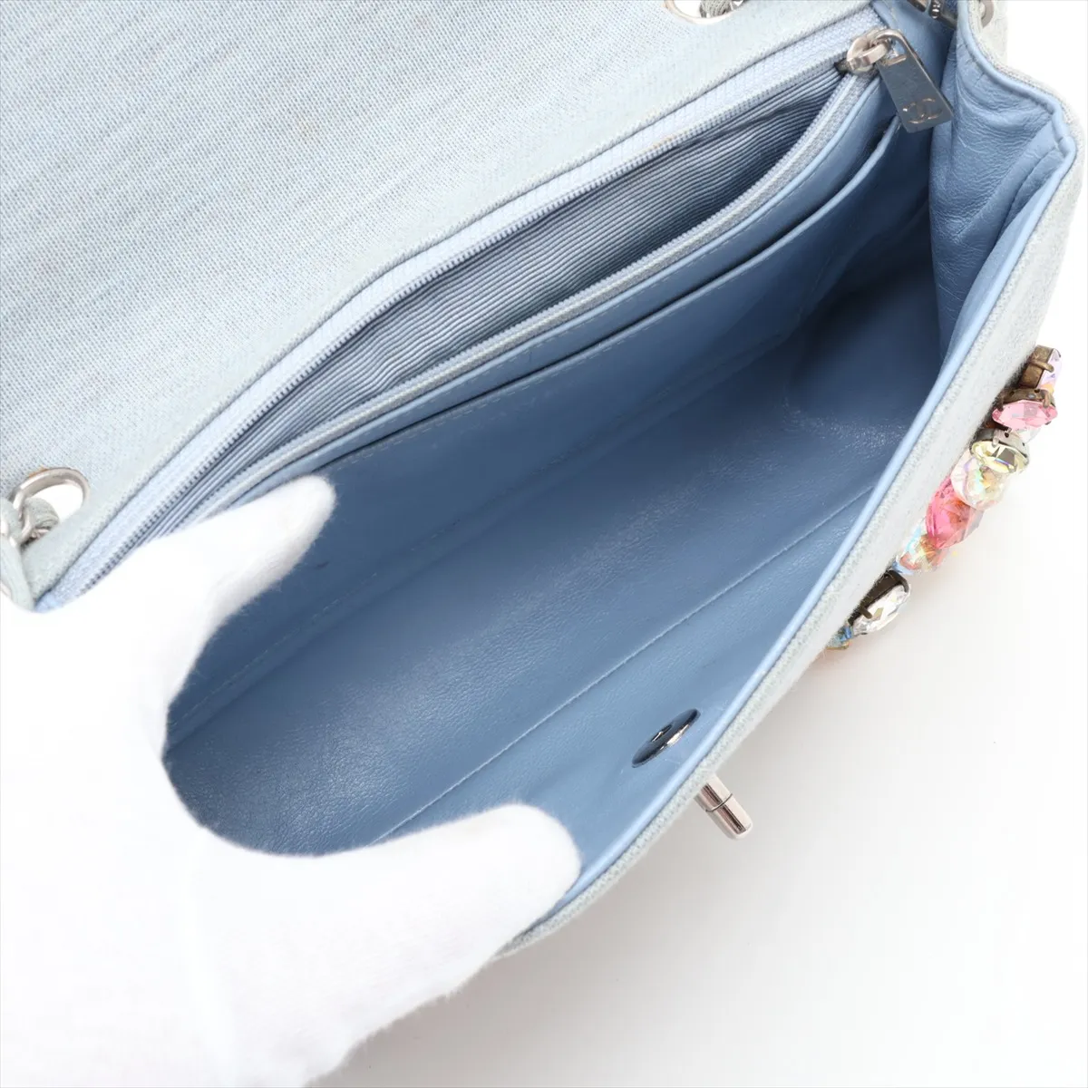 Matelassé Denim Single Flap Single Chain Bag, Bijou, Blue, Silver Hardware, 5947838, Series 5 — view 6