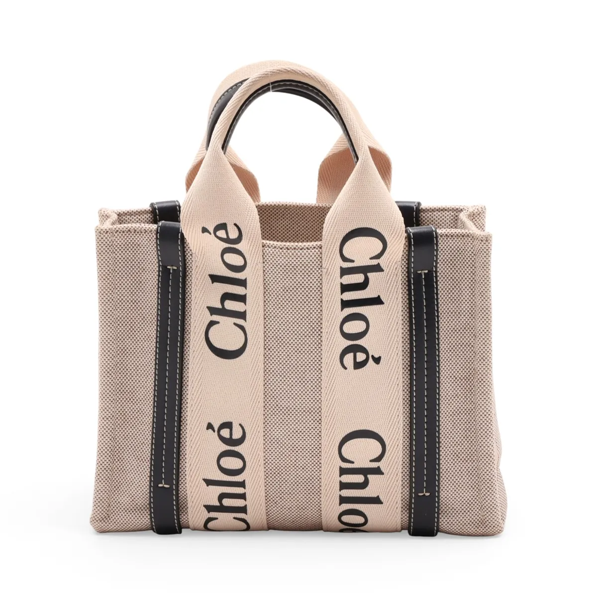 Woody Small Canvas x Leather Handbag, Beige x Black — view 2