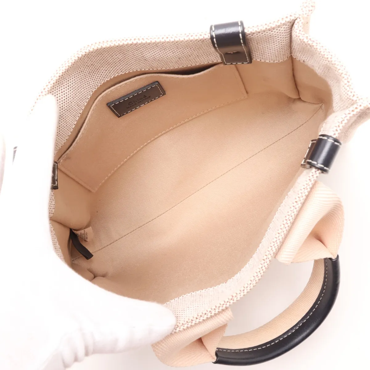 Woody Small Canvas x Leather Handbag, Beige x Black — view 7