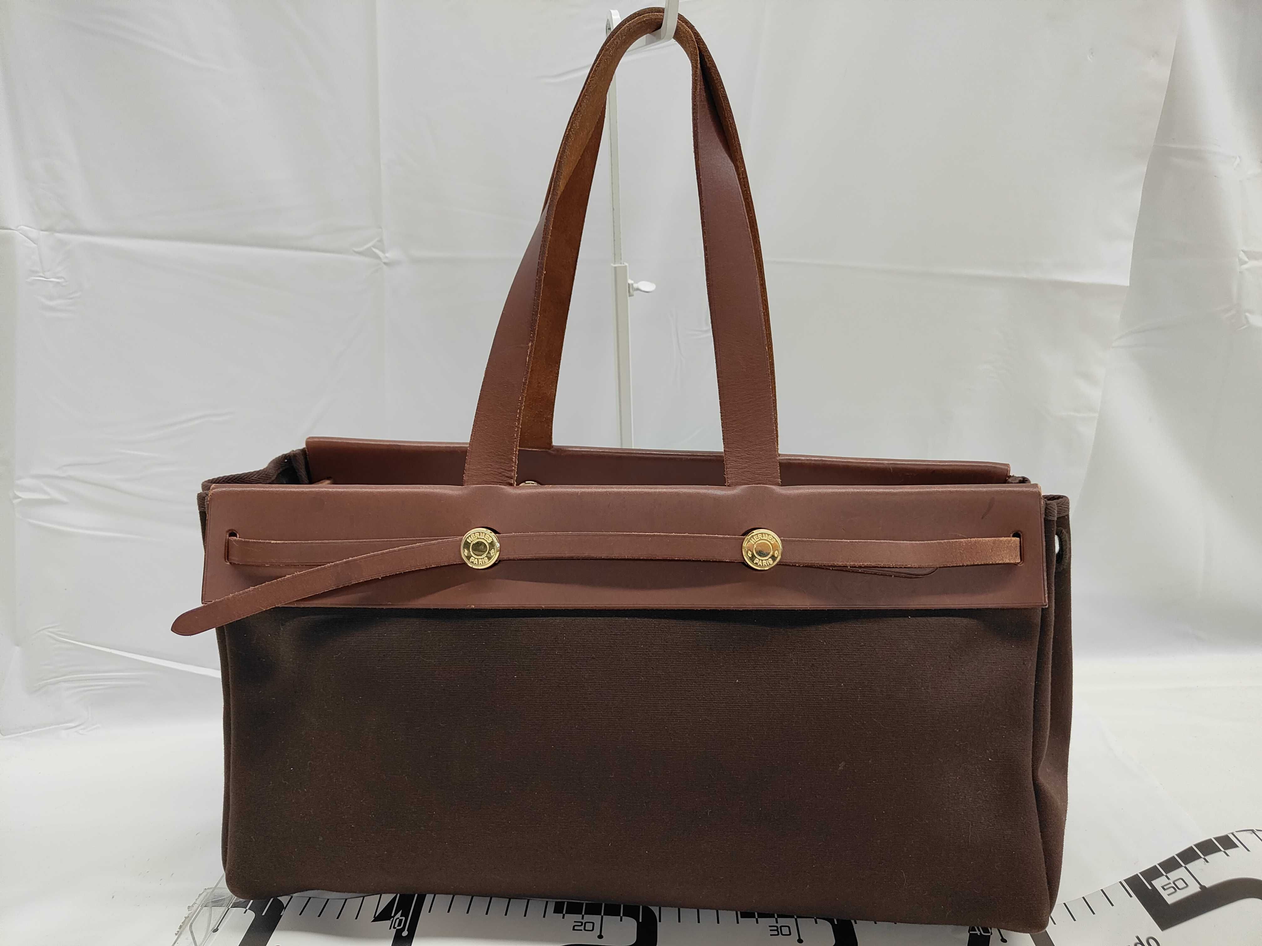 Herbag Cabas MM Tote Bag, Toile Officier x Vache Hunter Canvas x Leather, Brown, Gold Hardware. — view 2