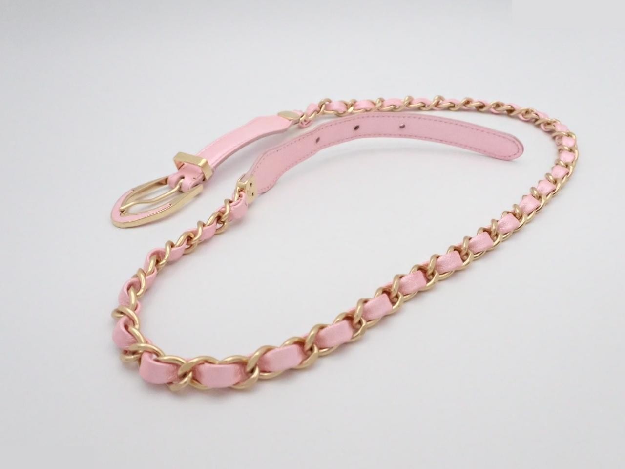 Coco Mark Chain Belt, GP/Leather, Pink, Total Length Approx. 85cm — view 2