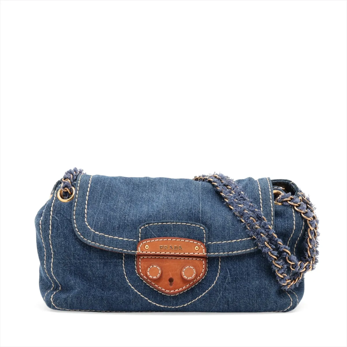 Denim x Leather Chain Shoulder Bag, Blue x Brown, BR4659