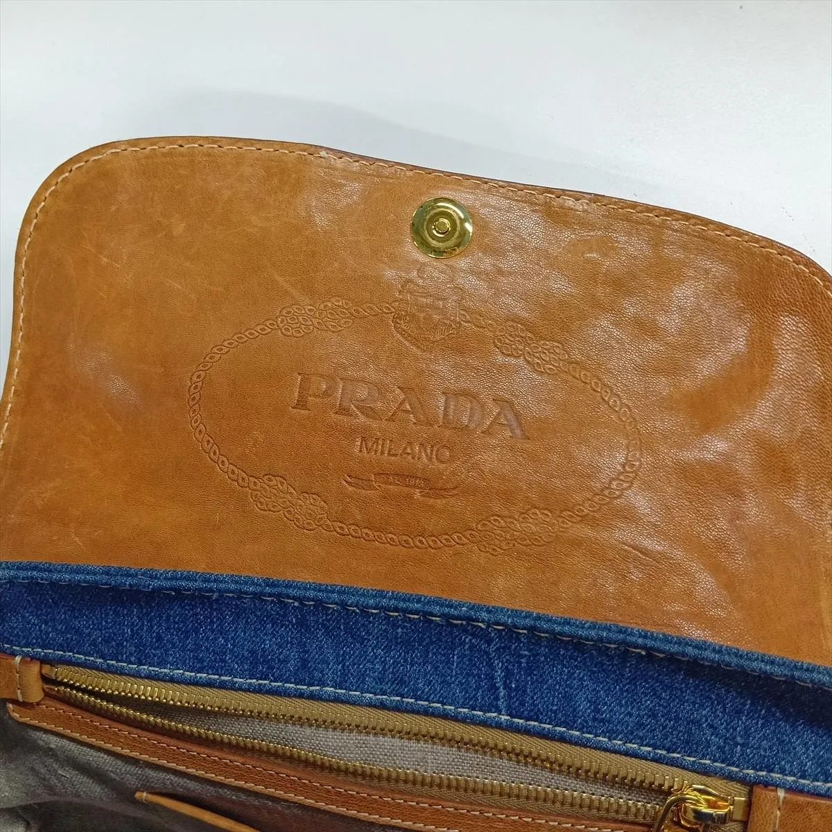 Denim x Leather Chain Shoulder Bag, Blue x Brown, BR4659 — view 13